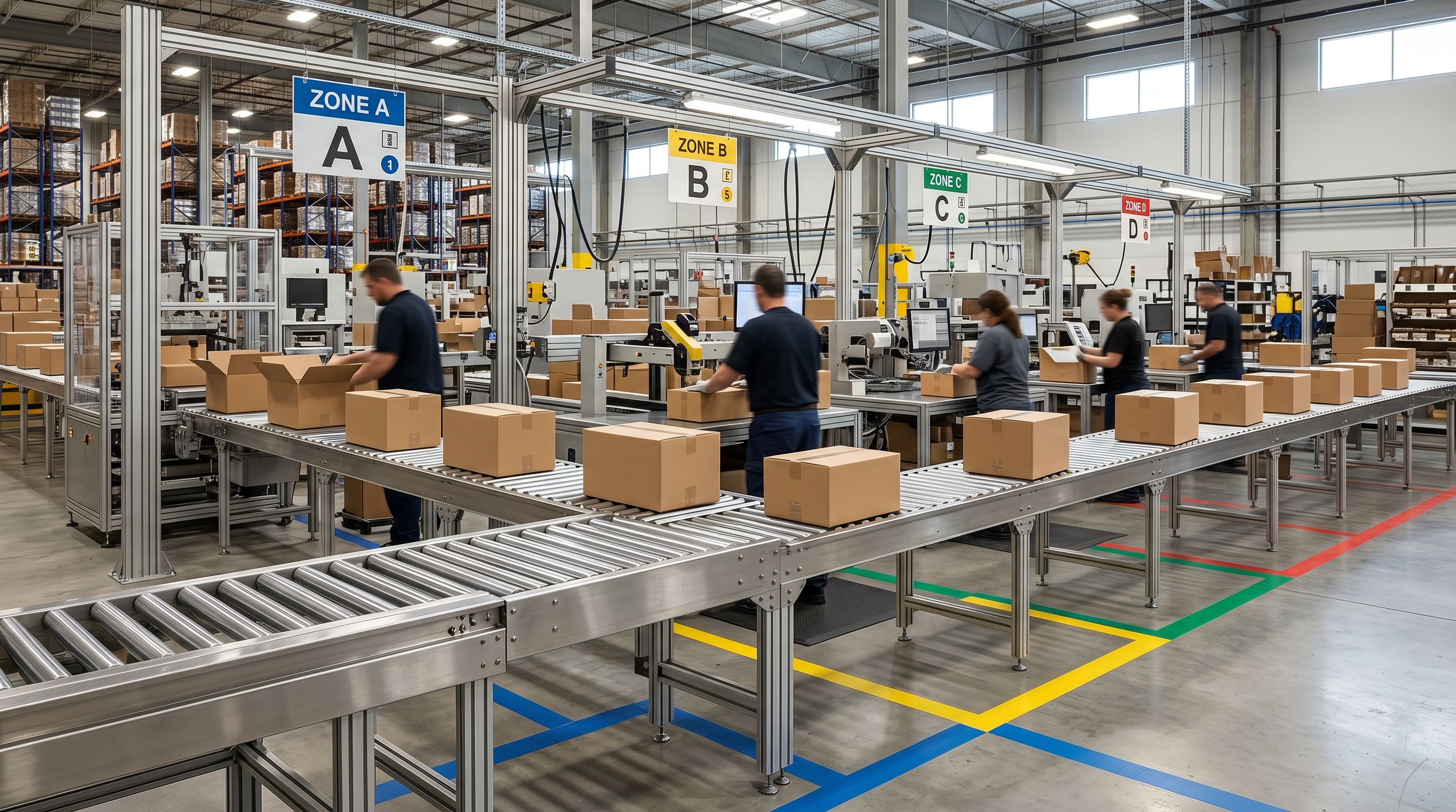 Industrial conveyor assembly line with colour-coded processing zones representing a structured multi-step migration workflow.