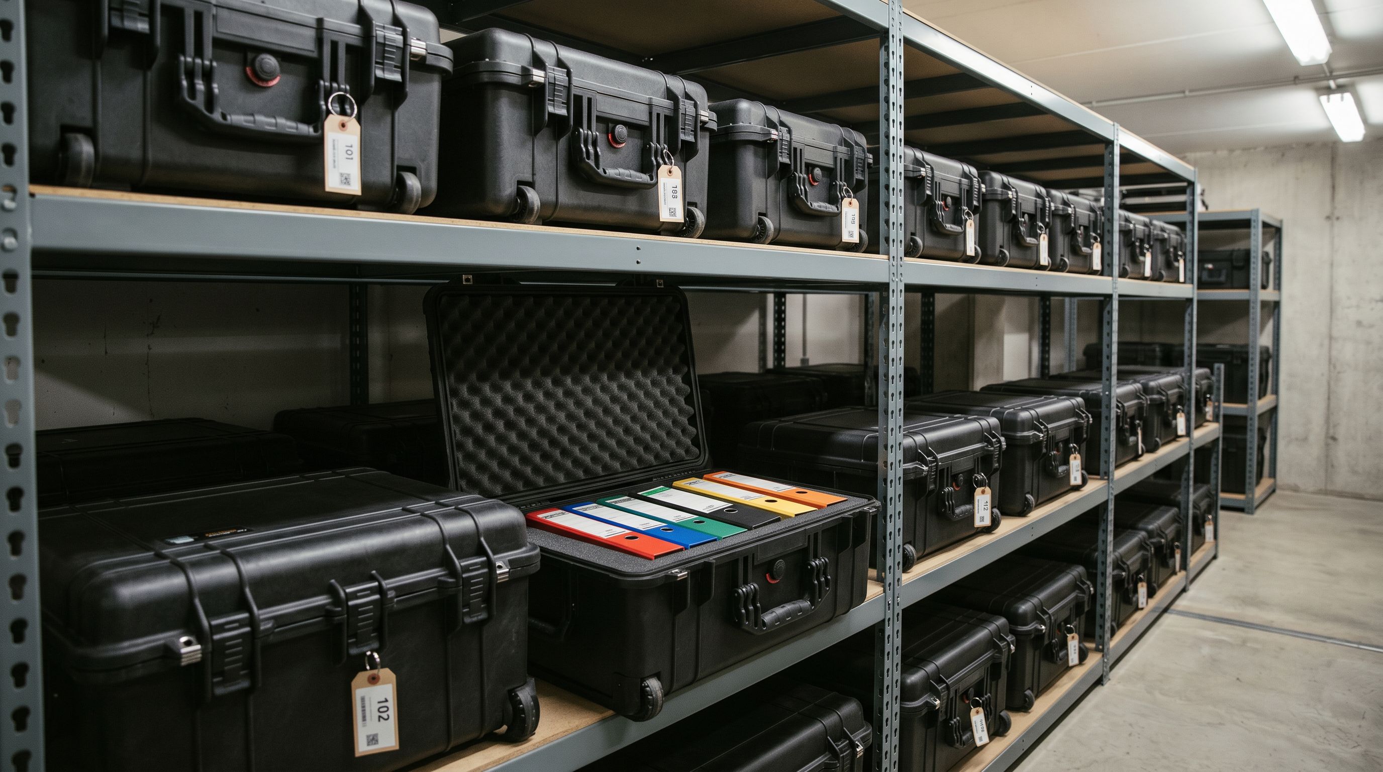Protective storage cases with sequential numbered tags on industrial shelving representing import history snapshots and rollback capability.