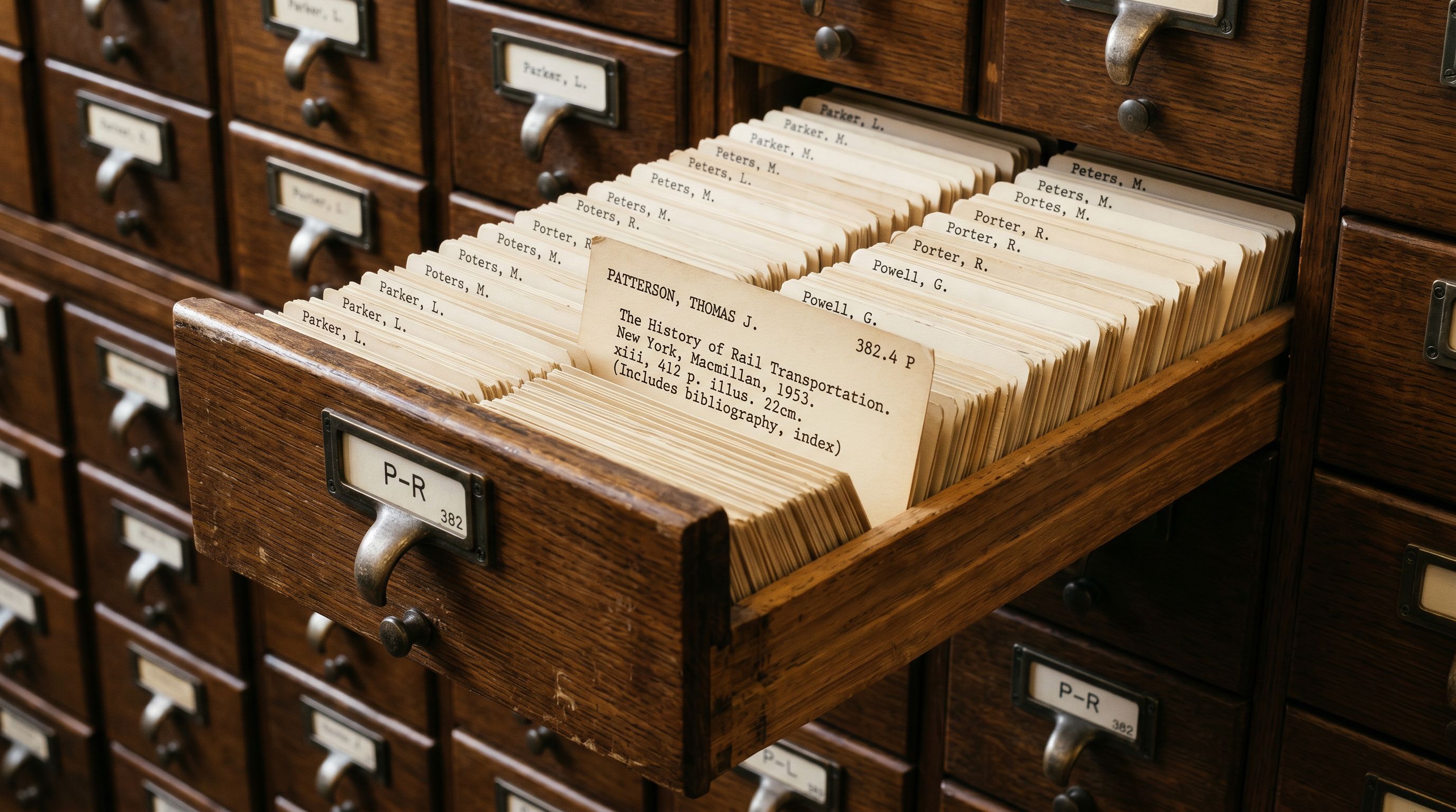 An open library card catalogue drawer with index cards in neat rows, one card pulled out.