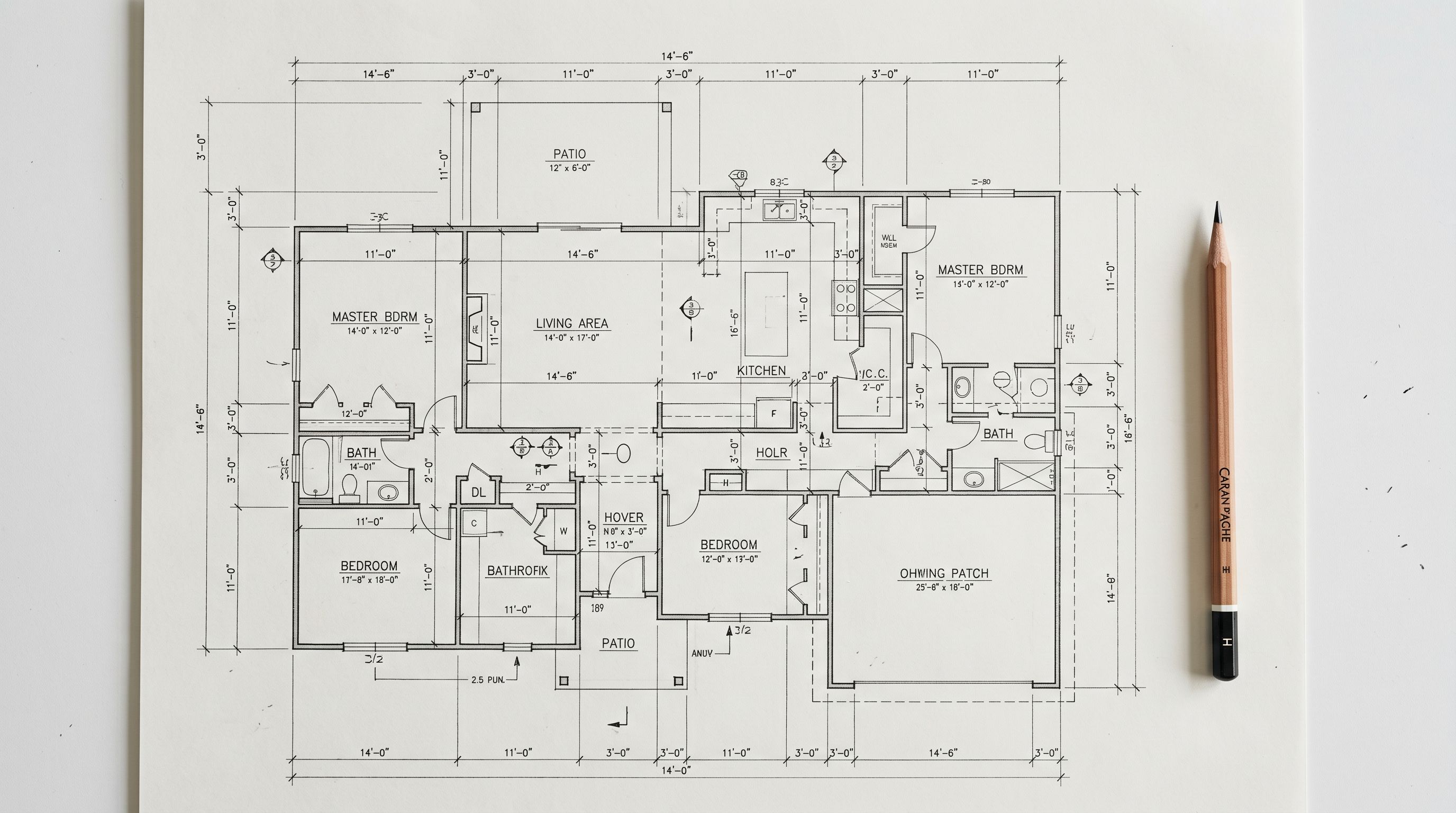 An architect's floor plan blueprint spread on a white surface with a pencil alongside.