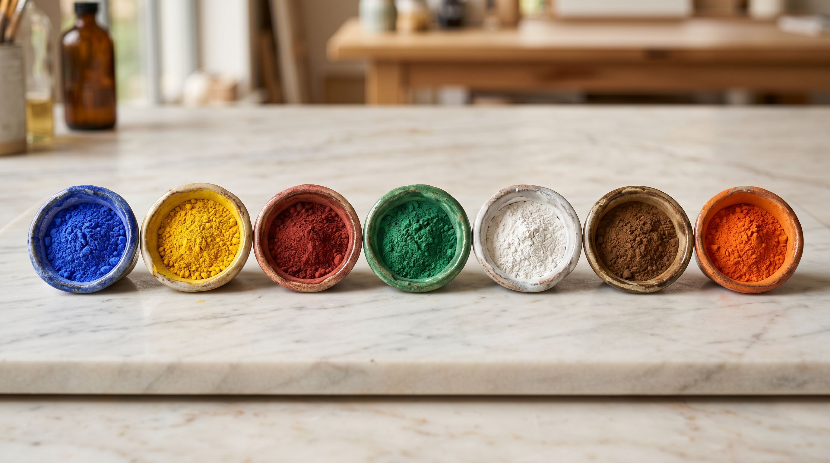 Seven ceramic paint pigment wells in a row on pale marble, each a different vivid colour.