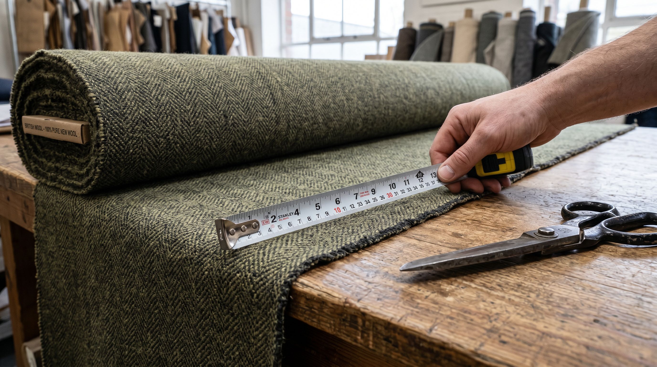 Steel tape measure on a bolt of fabric at a commercial cutting table.