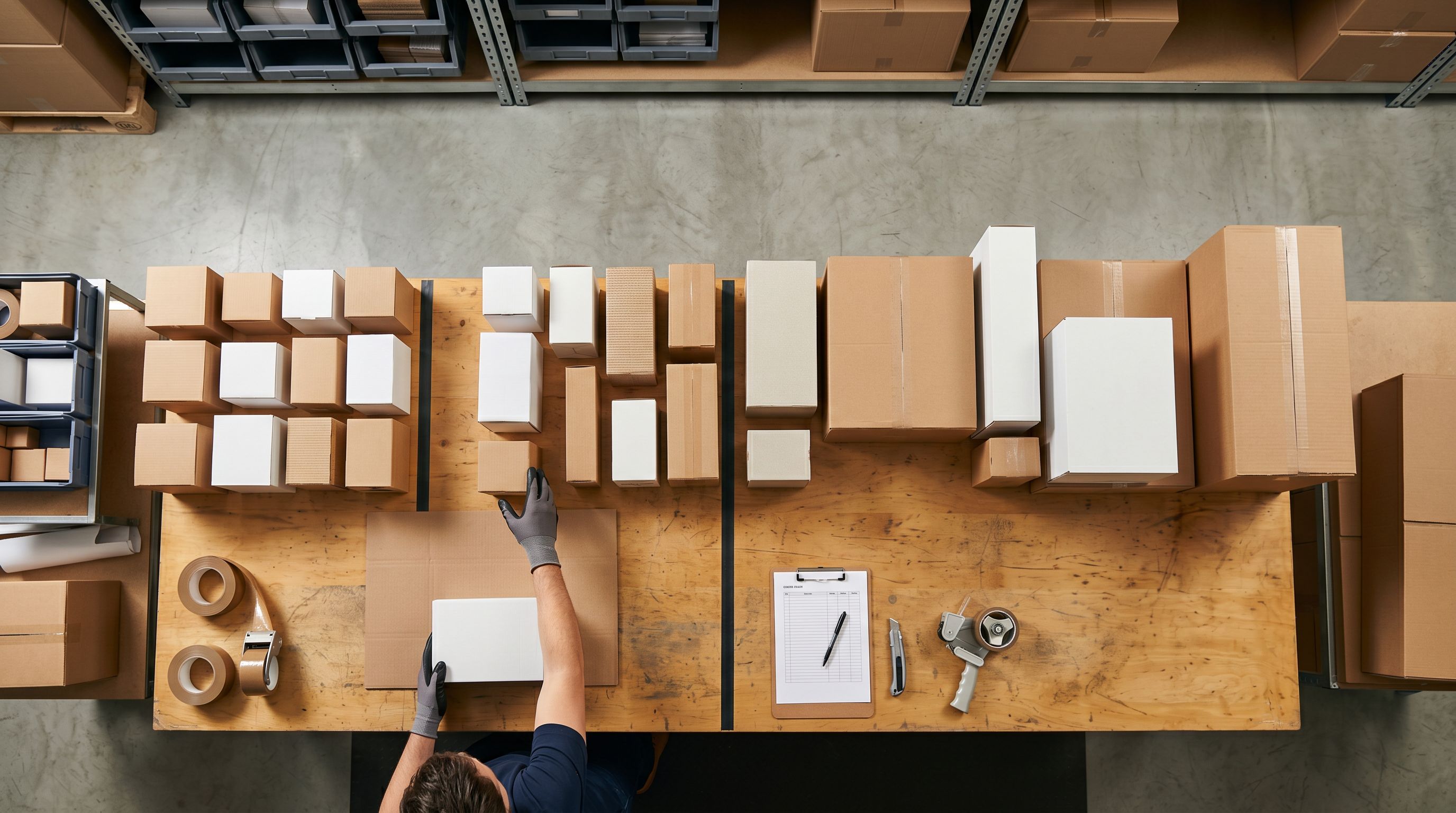 Assorted product cartons sorted into two groups on a warehouse packing bench.