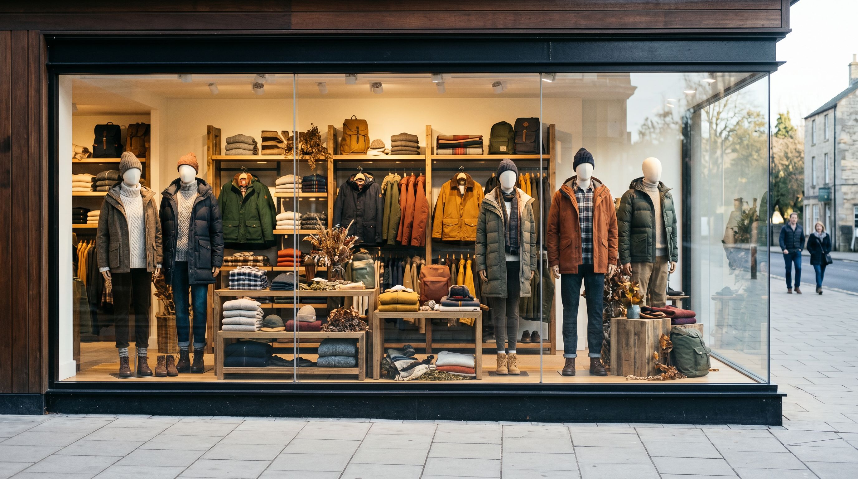 Retail display window with attractive product arrangement and empty pavement outside.