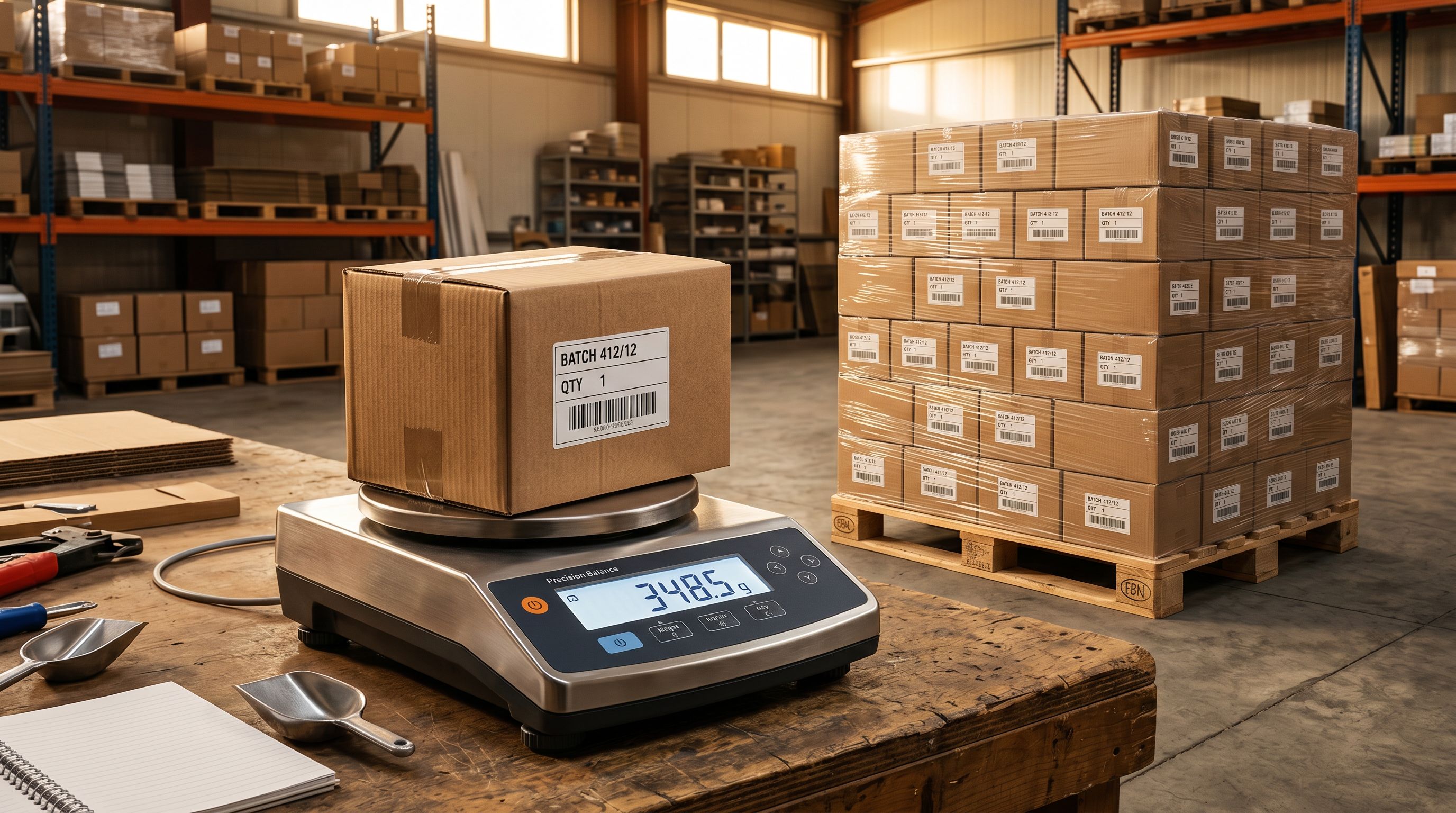 One product box on a precision scale with a larger pallet of products behind.