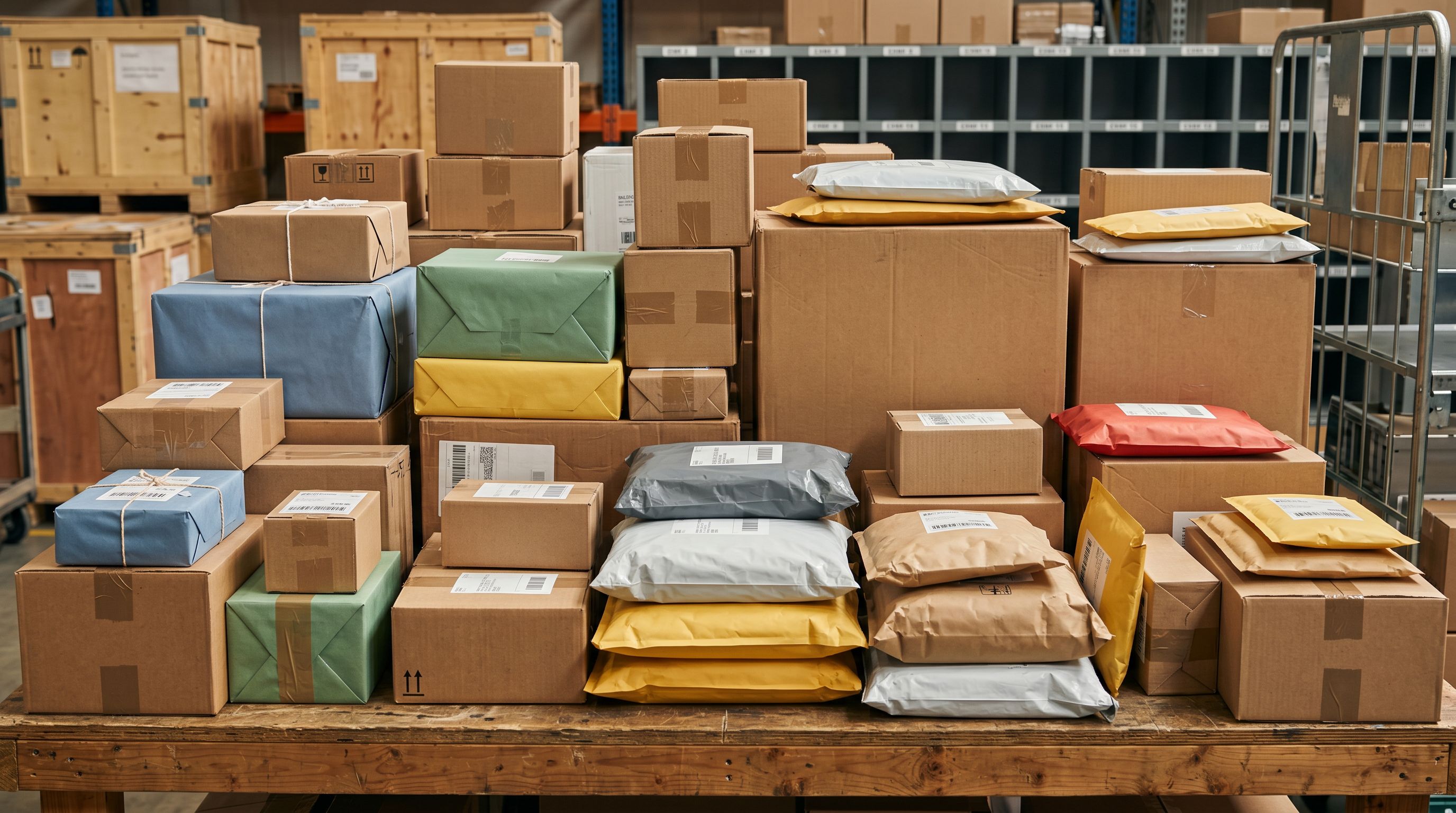 Assorted delivery parcels and product packages stacked together on a sorting surface.