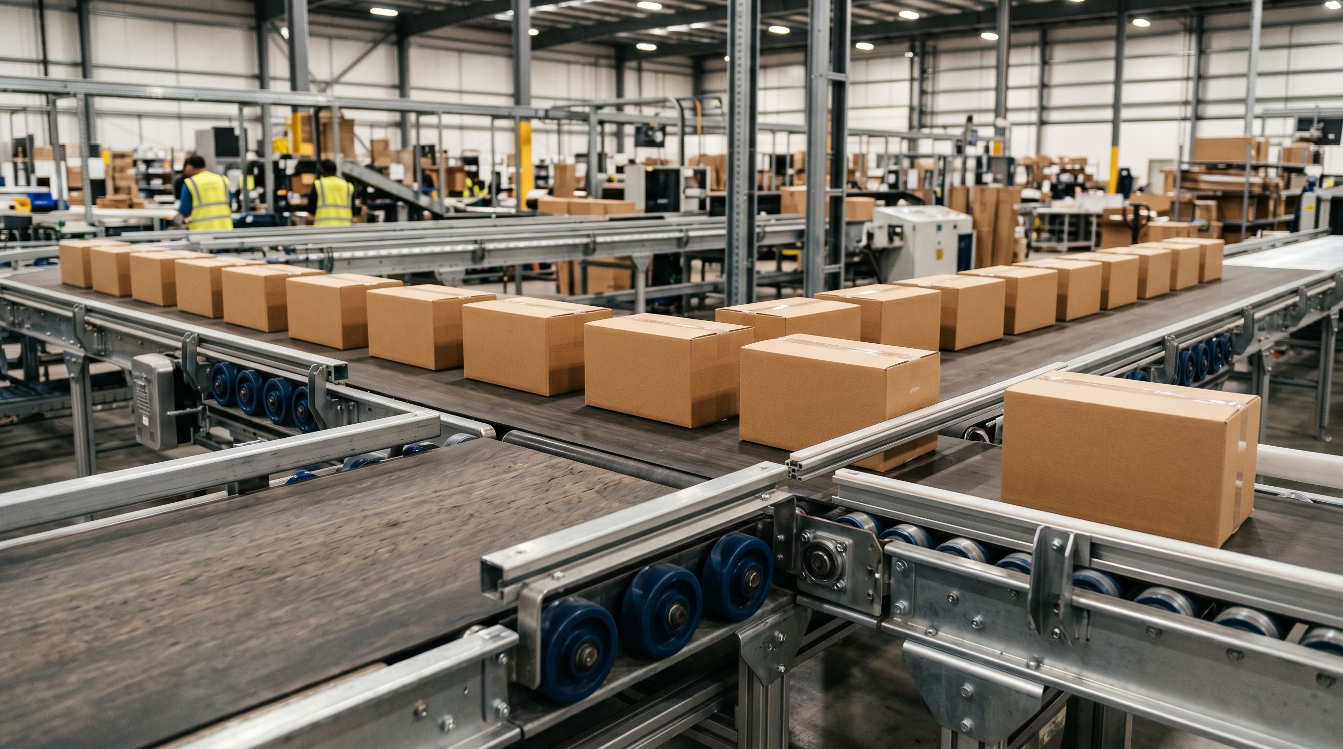 Industrial conveyor belt with evenly spaced product boxes in a fulfilment facility.