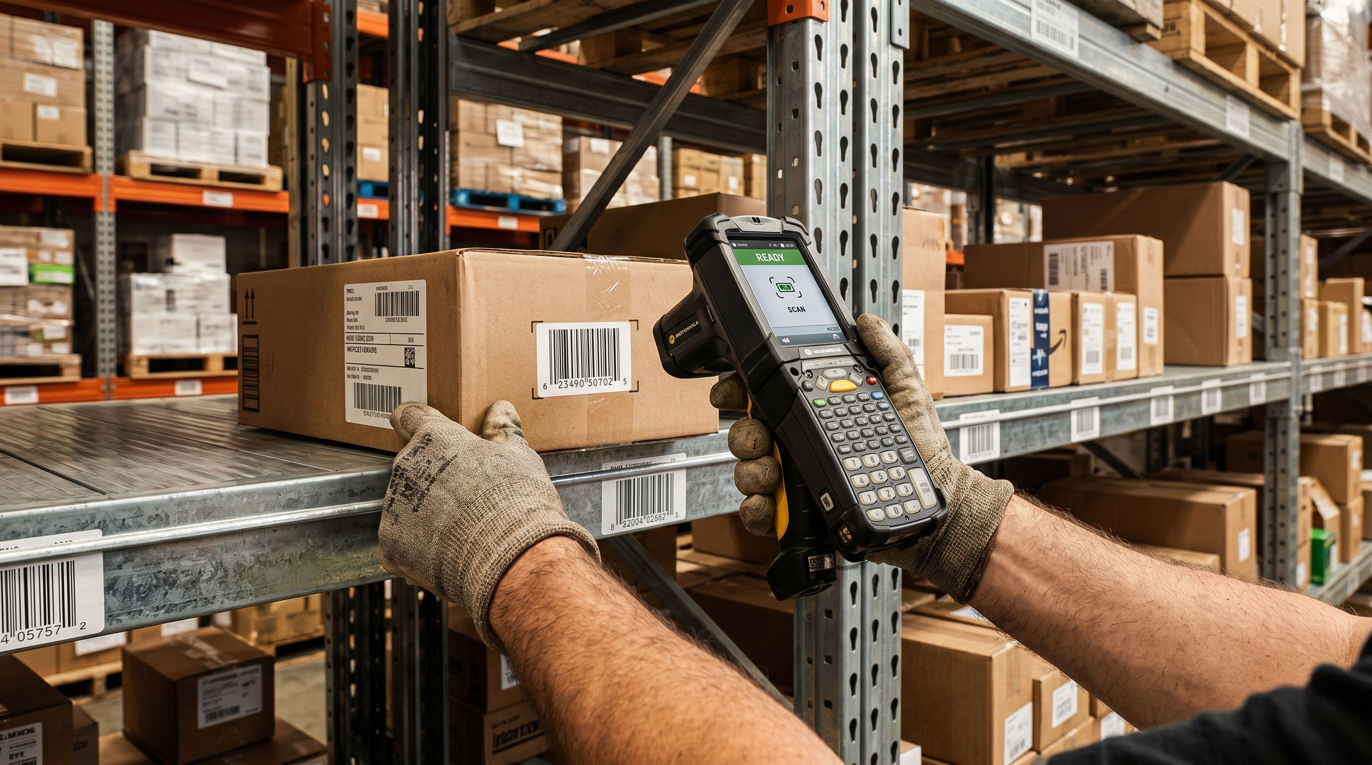 Hands holding a wireless barcode scanner aimed at a product package on a warehouse shelf.