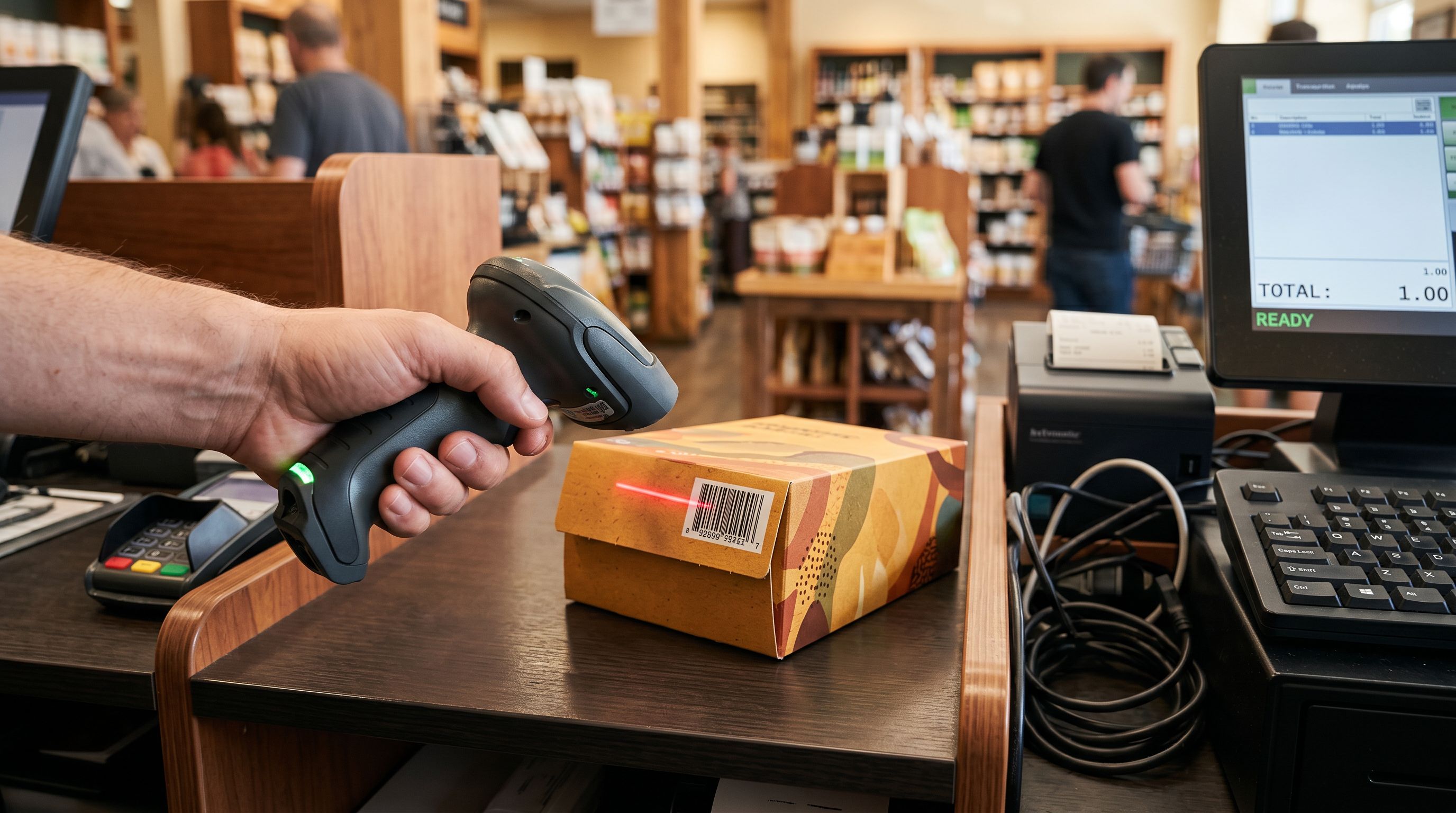 Handheld barcode scanner aimed at a product package on a retail checkout counter.