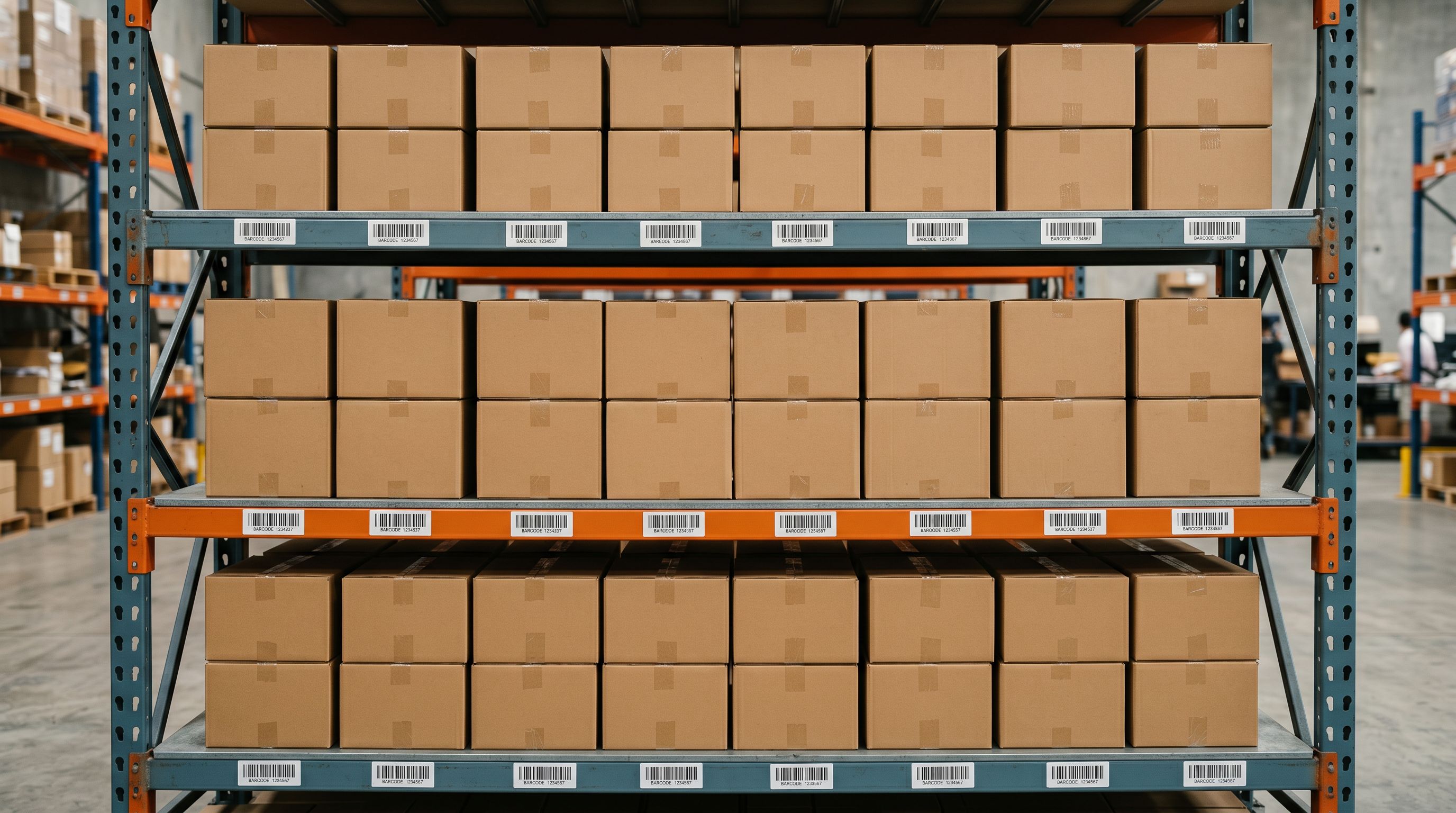 Warehouse metal shelving with product boxes and barcode stickers on each shelf edge.