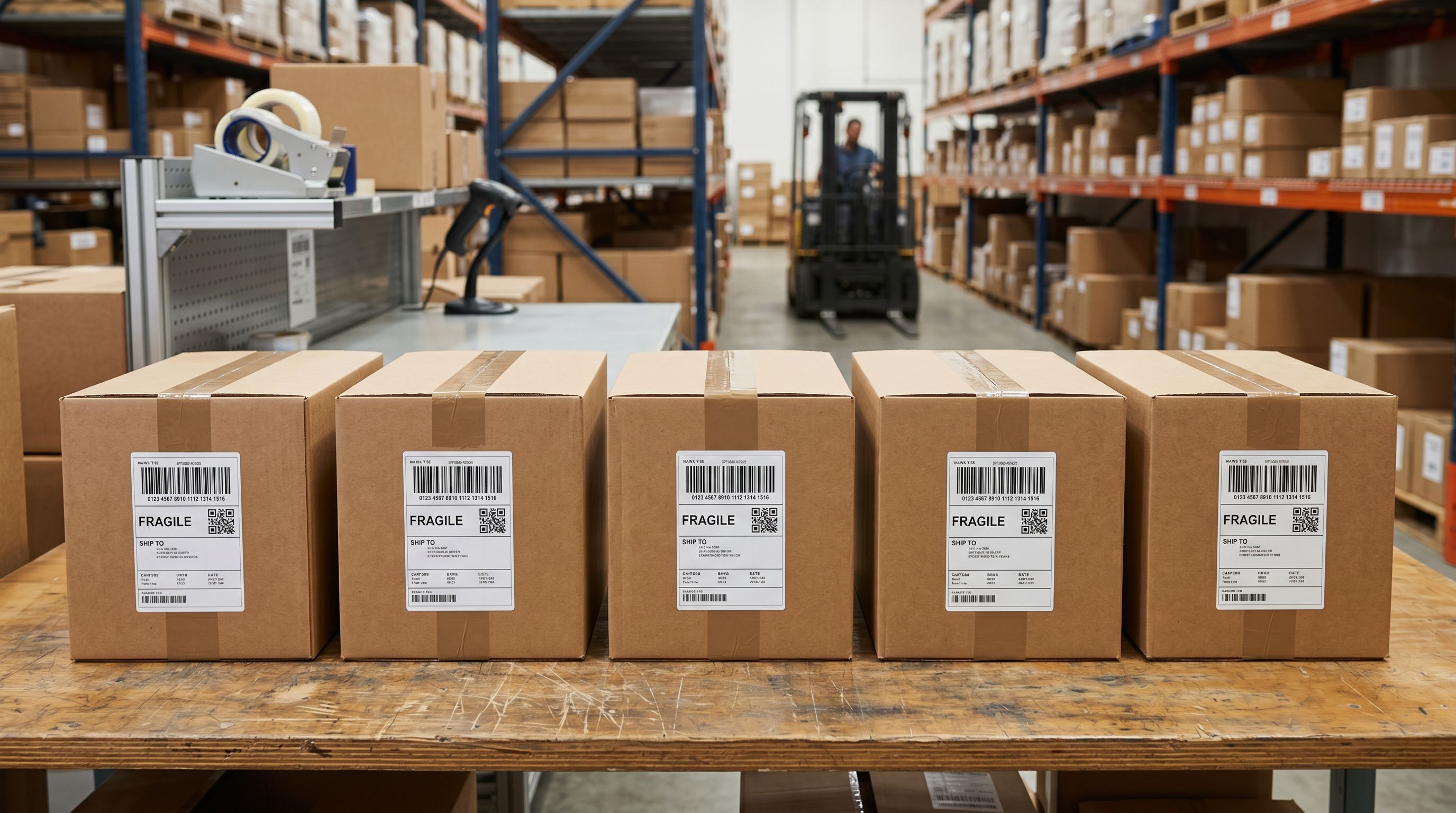 Sealed cardboard shipping boxes with barcode labels on a packing table ready for dispatch.