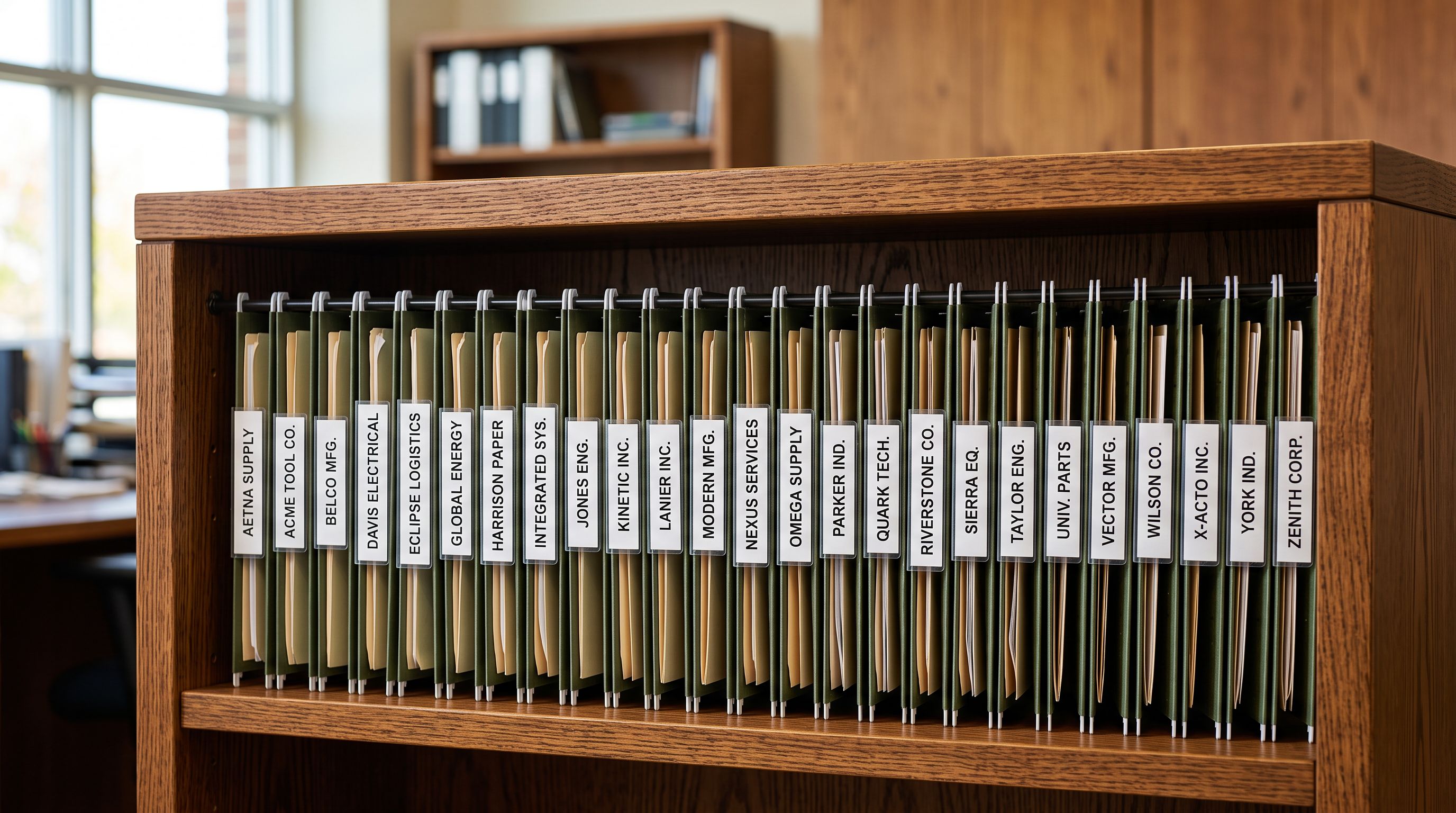 Labelled filing folders for different suppliers organised on a wooden office shelf representing saved Import Profiles