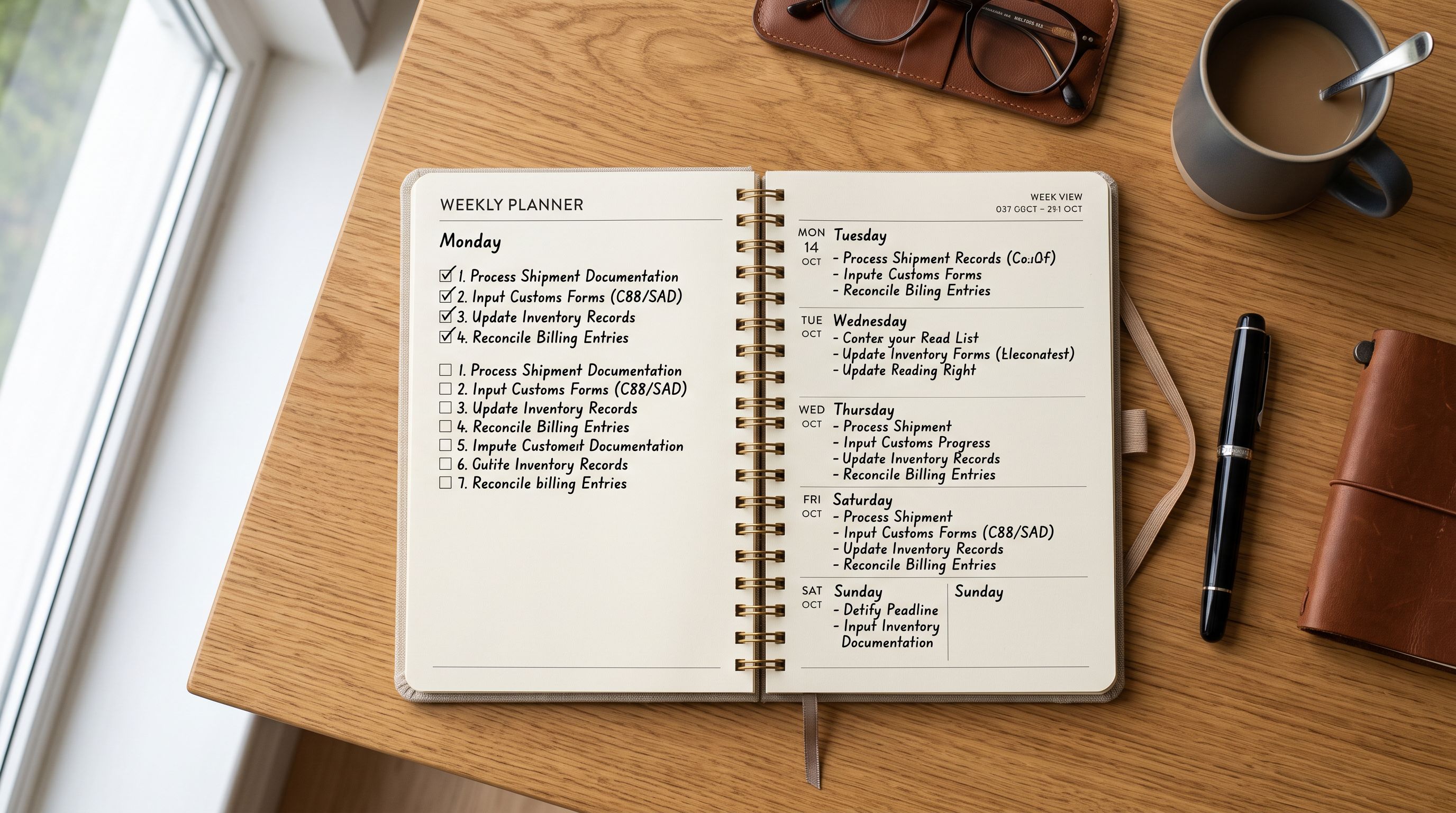 Weekly planner with four checkboxes marked complete on Monday representing a finished import routine