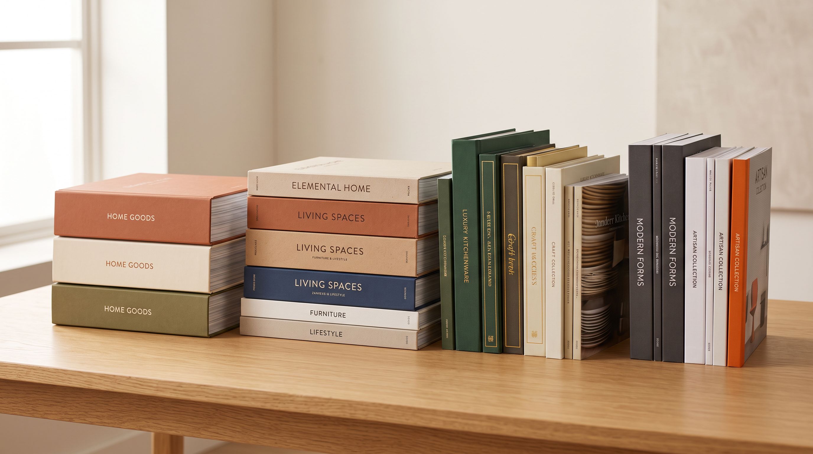 Four separate stacks of product catalogues side by side on a table each from a different supplier