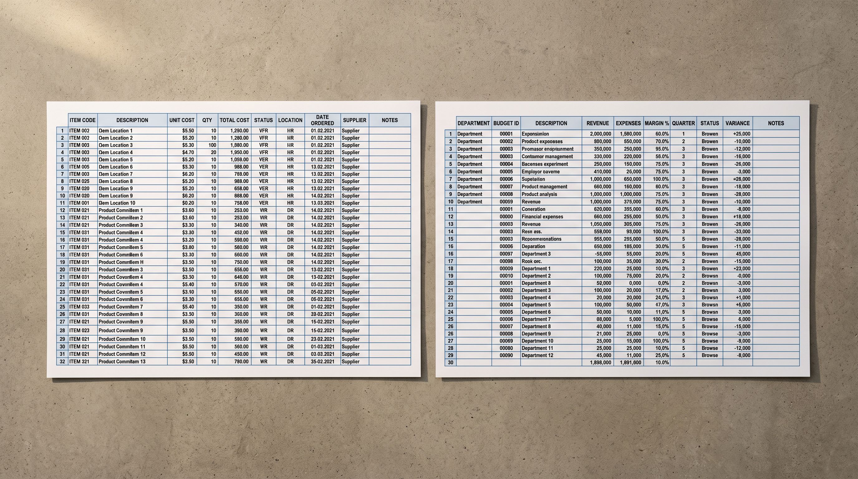 Two printed spreadsheet pages side by side showing different column arrangements representing supplier file format variations