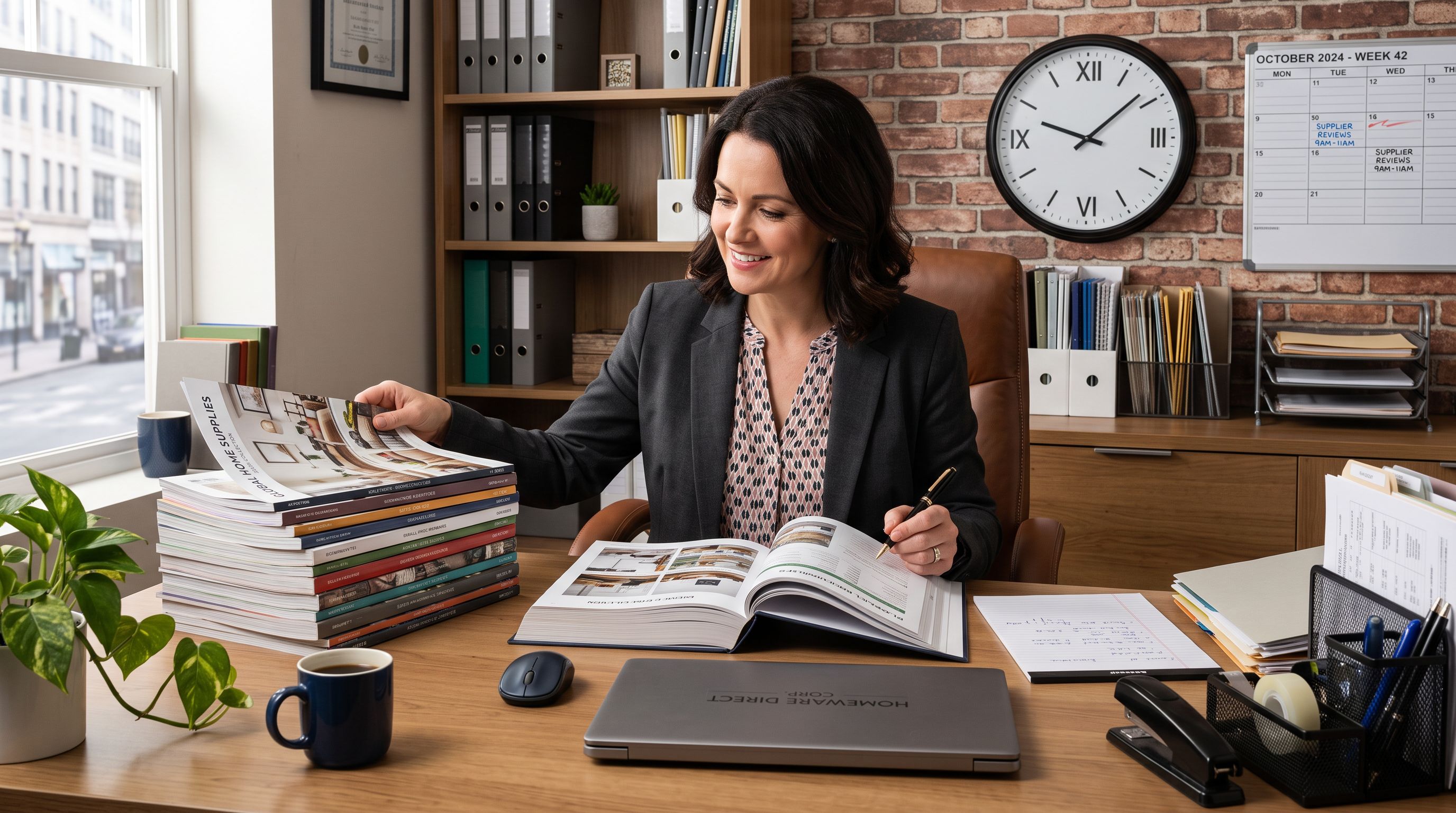 Business owner at an organised desk reviewing supplier catalogues efficiently representing a streamlined weekly product import routine