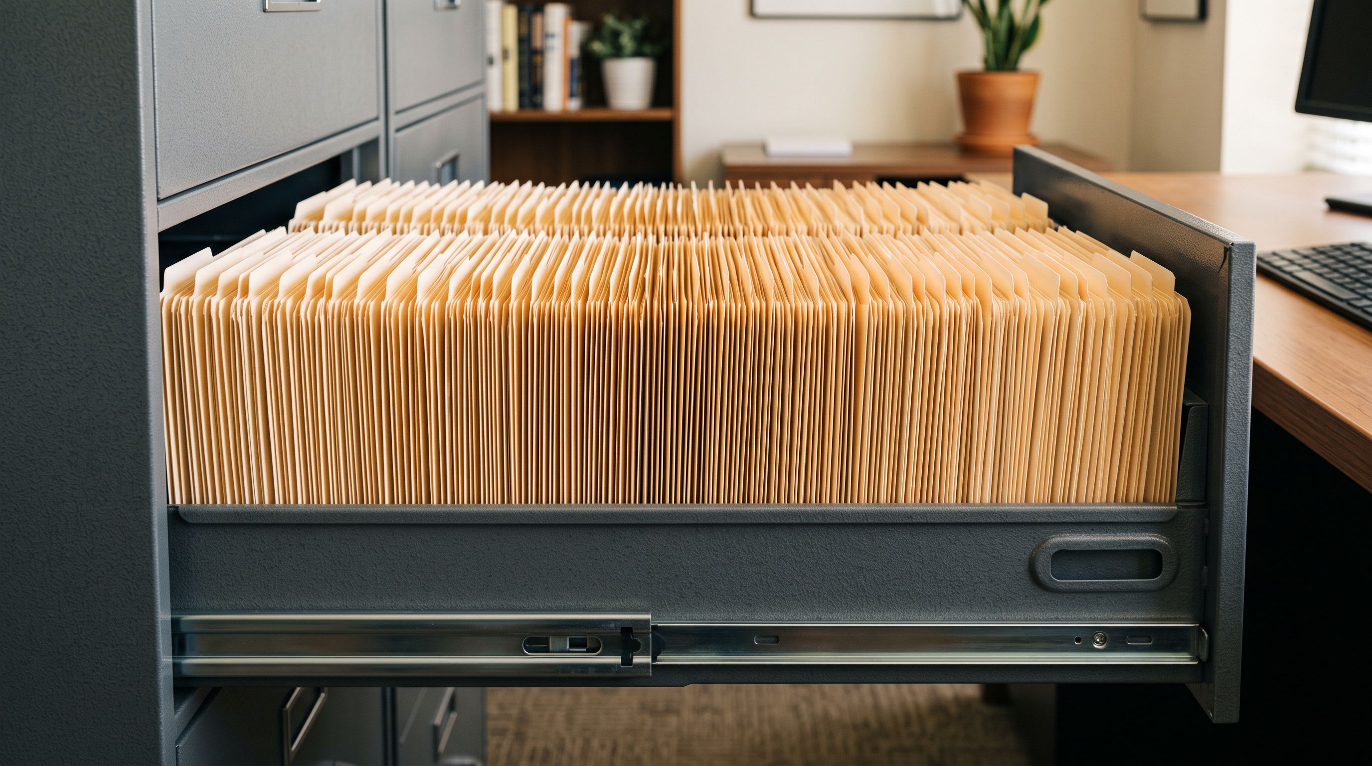 A single grey filing cabinet drawer pulled open revealing rows of identical unlabelled manila folders packed tightly together with no differentiation.