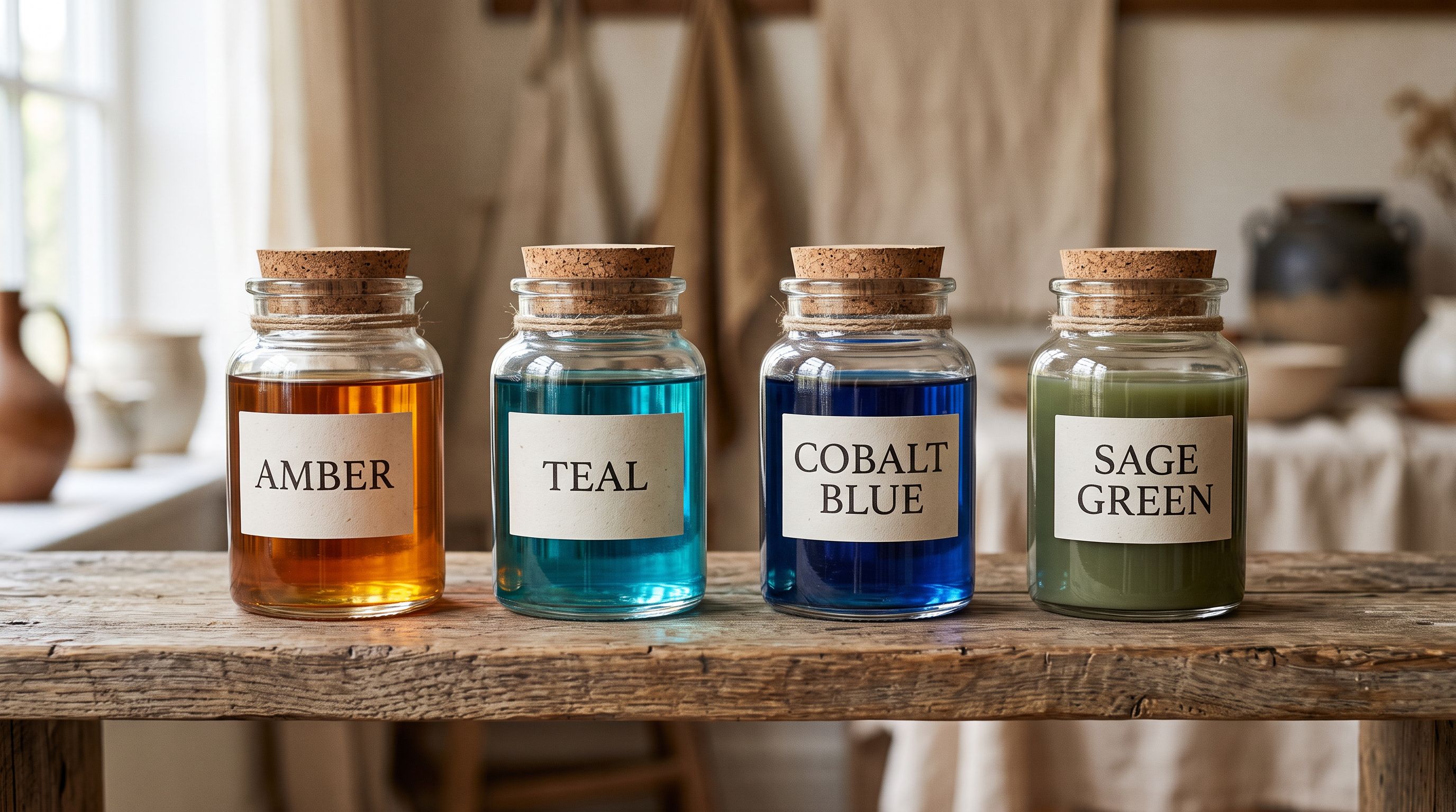 Four clearly labelled glass jars on a wooden shelf each filled with a different coloured liquid representing distinct per-client configuration settings.