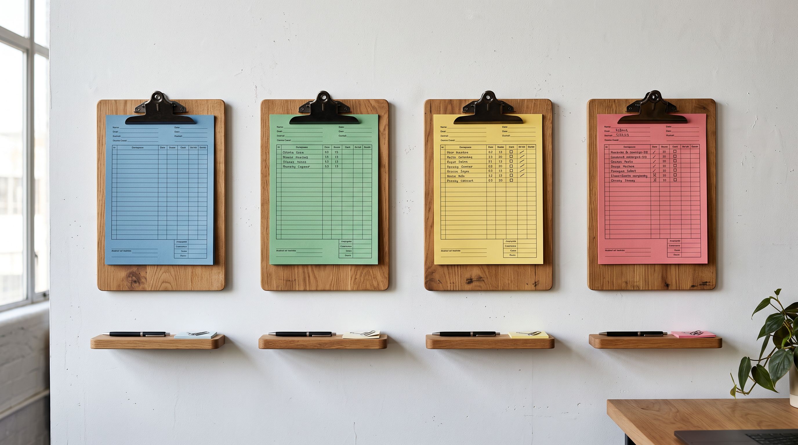 Four wooden clipboard stations mounted side by side on a white wall each holding a different coloured paper form, organised and neatly aligned.