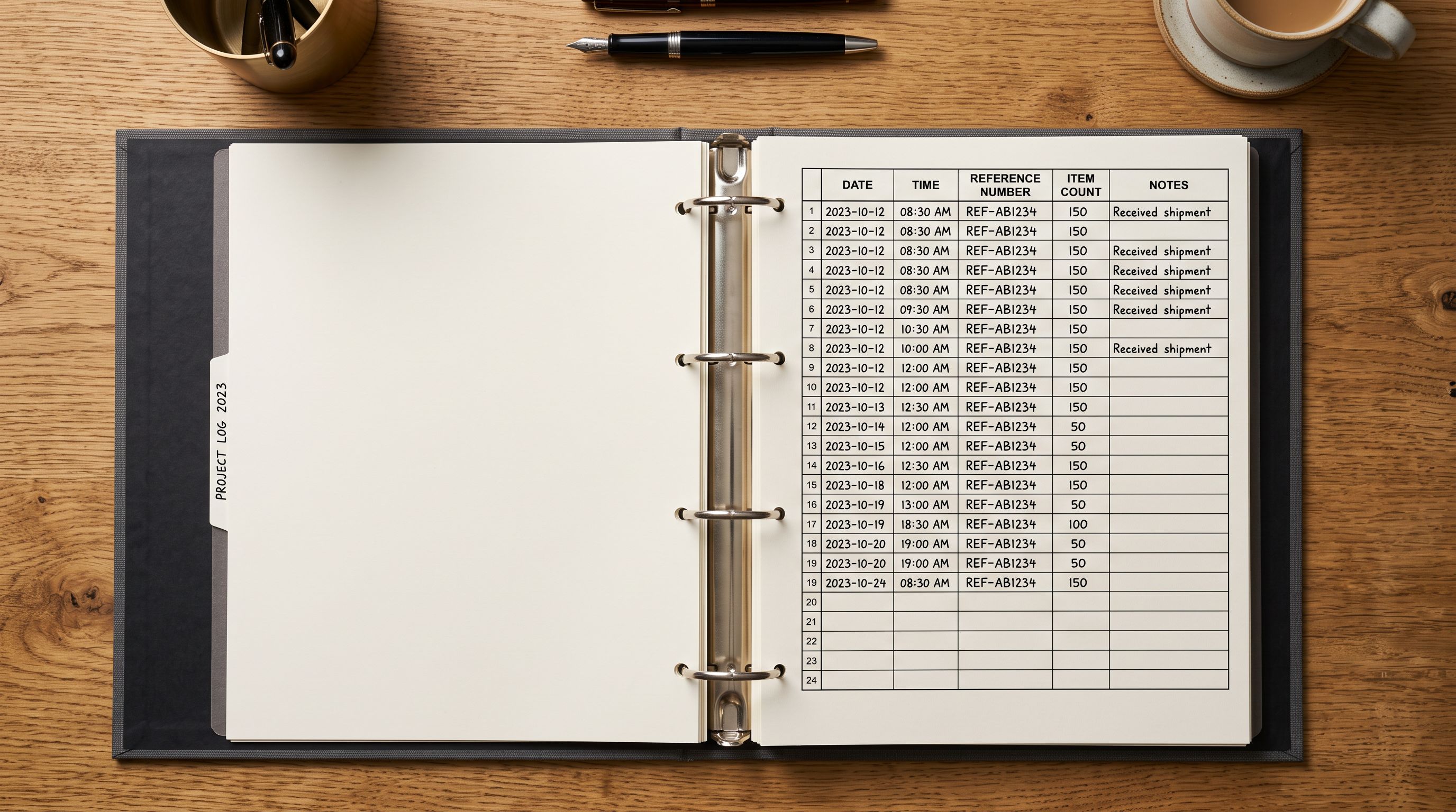 An open ring binder on a desk showing a structured printed log sheet with columns for date, time, reference number and item count.