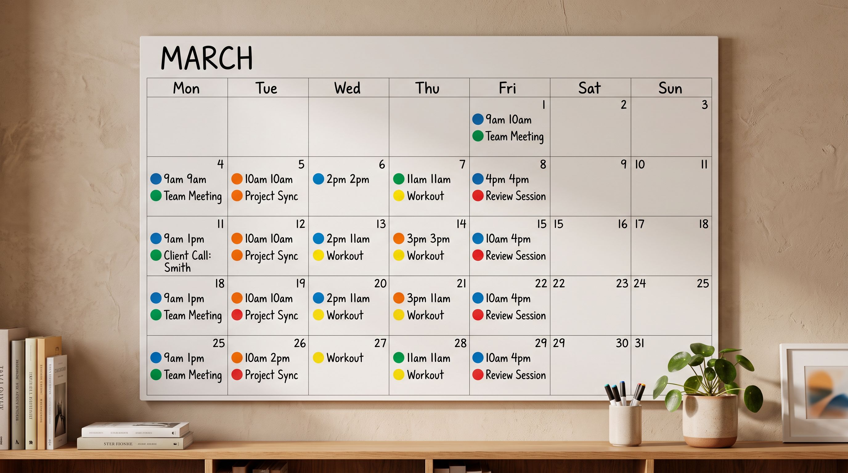 A large wall-mounted month planner calendar with recurring appointments marked with different coloured circular stickers on specific days of the week.