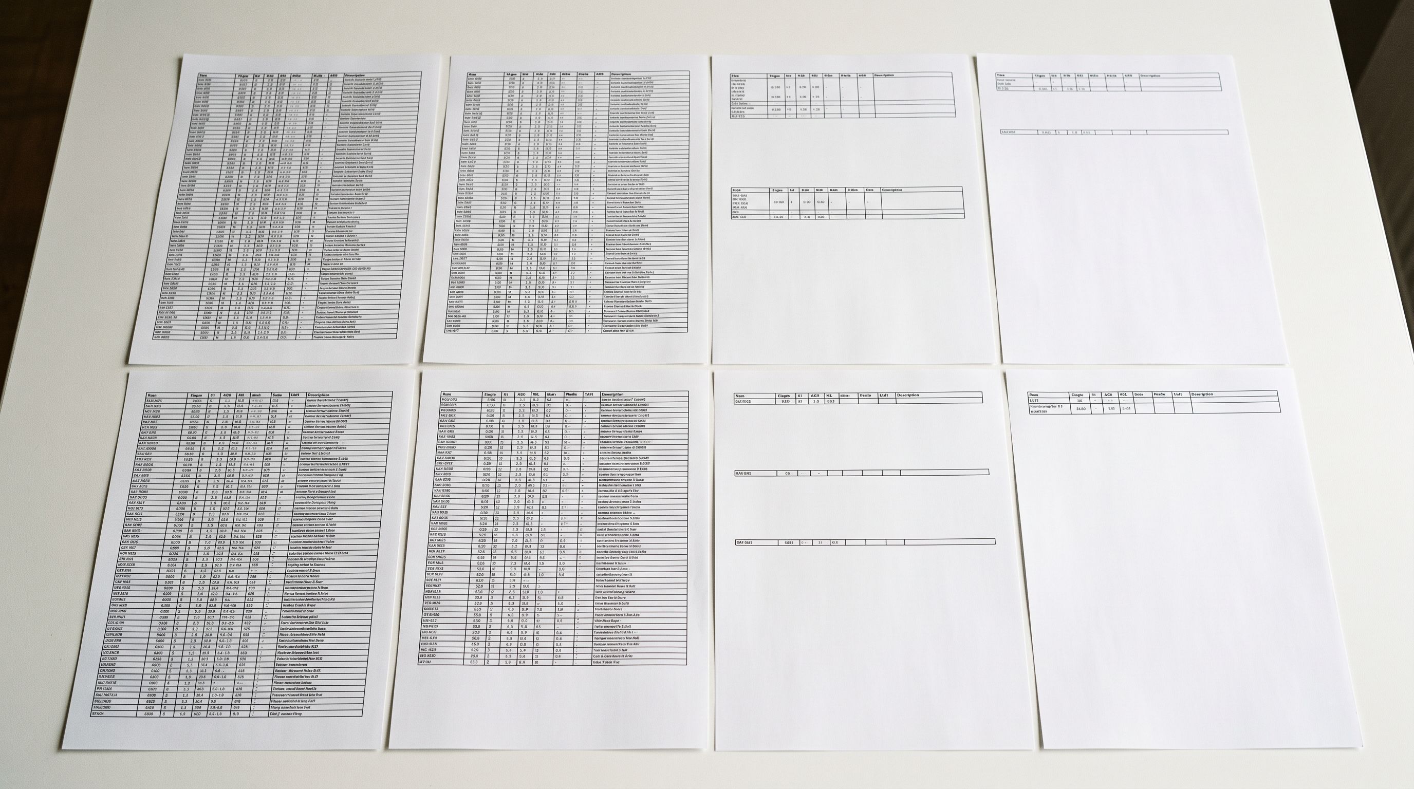 A printed eight-row reference table on a clipboard resting on a white desk, each row showing a field name and two status columns with coloured indicators, a black ballpoint pen beside it.