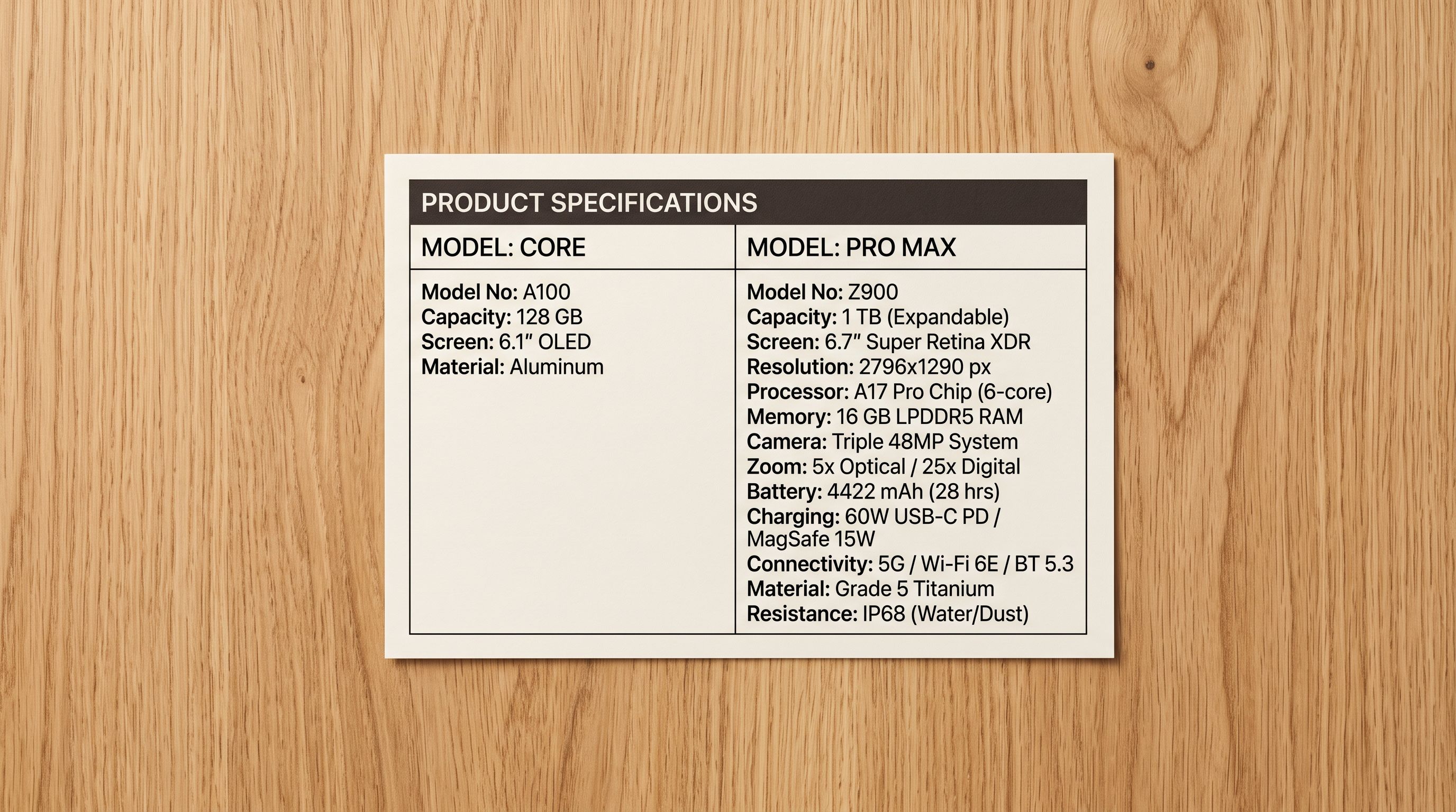 A printed product specification card resting on a light oak surface showing two columns, a thin four-line entry on the left and a twelve-line detailed entry on the right, under warm studio lighting.