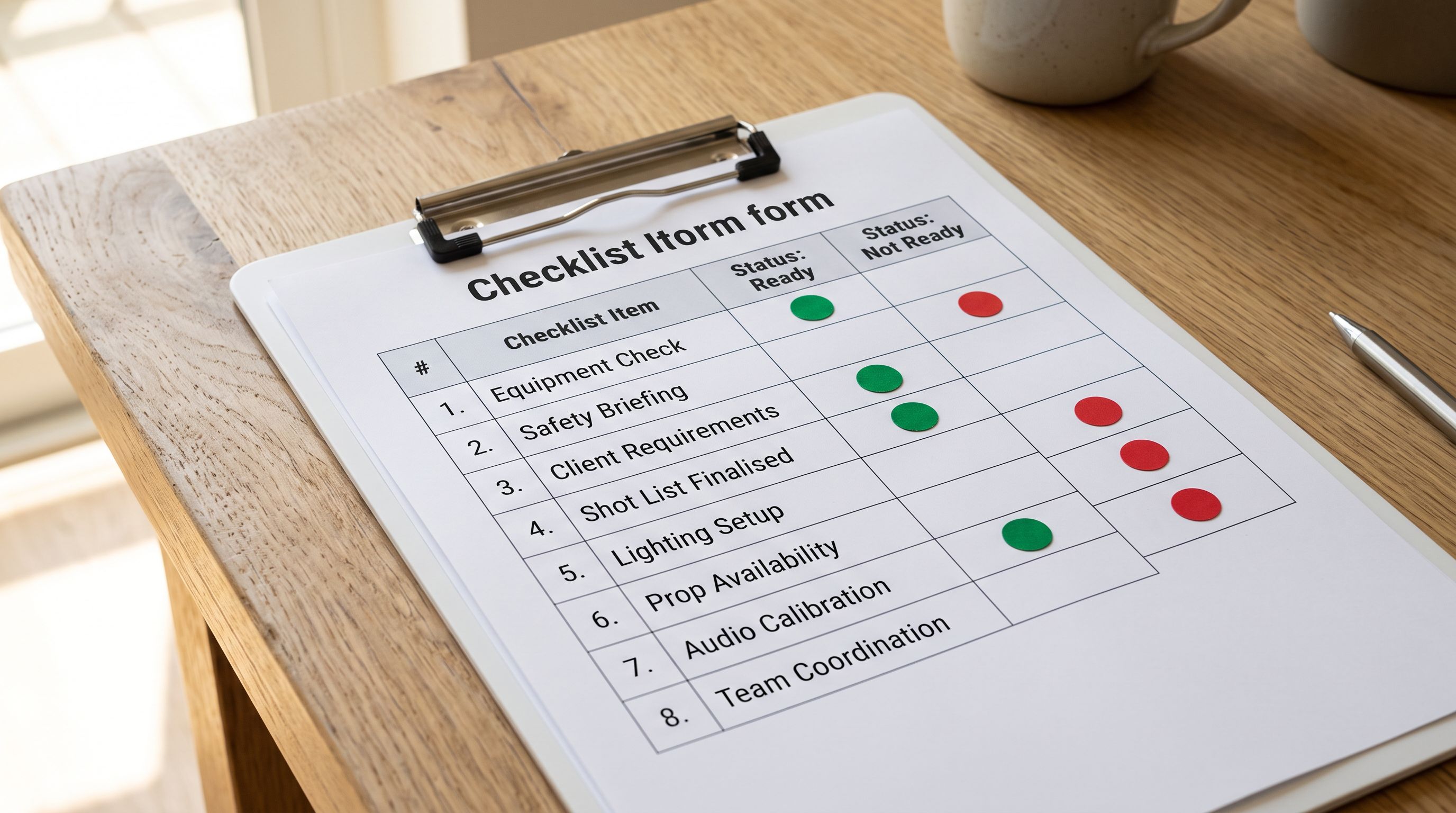 An eight-row printed audit checklist on a white clipboard resting on a pale timber surface, each row showing a field name and two status columns marked ready and not ready.