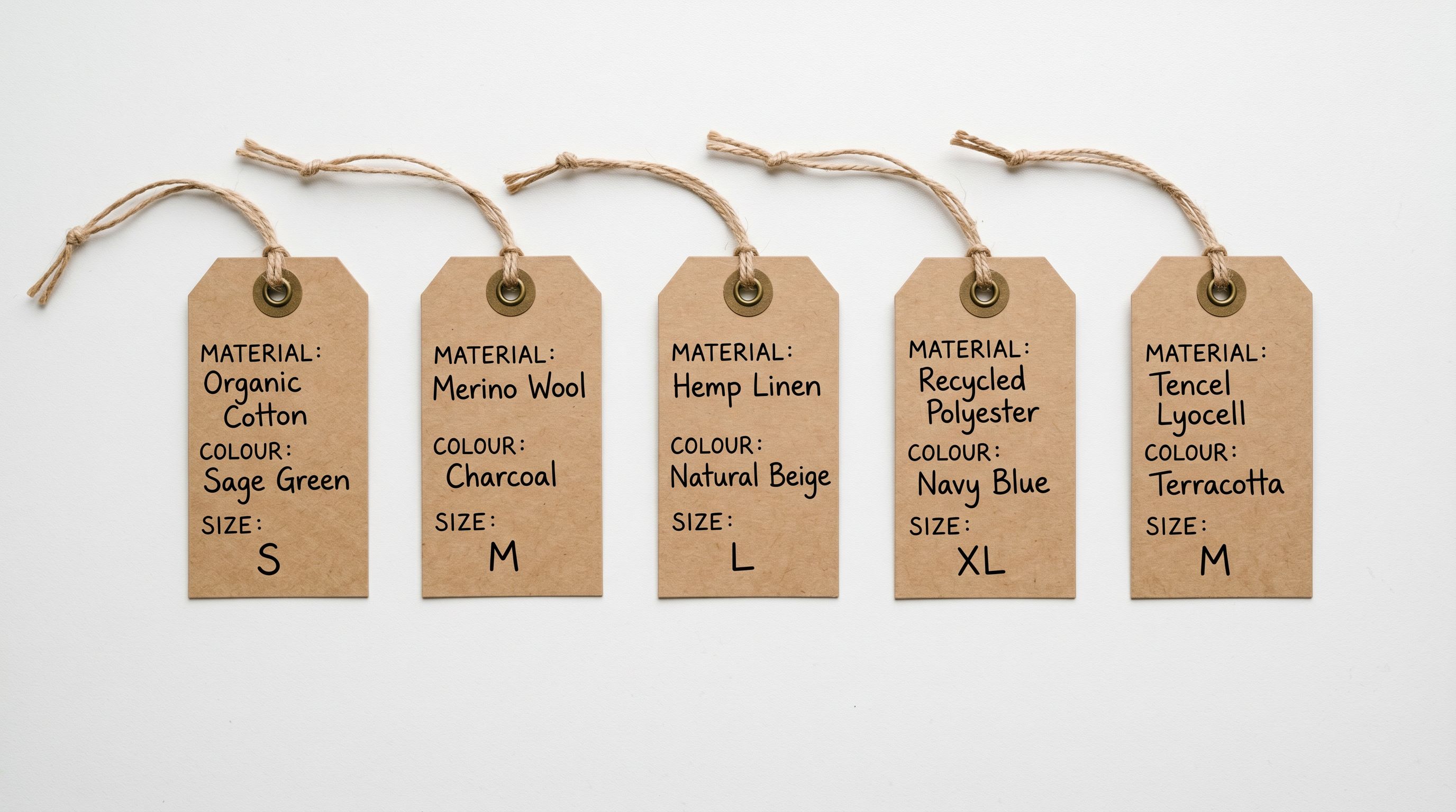 Product hang tags with handwritten material, colour, and size attribute notes arranged on a retail counter.