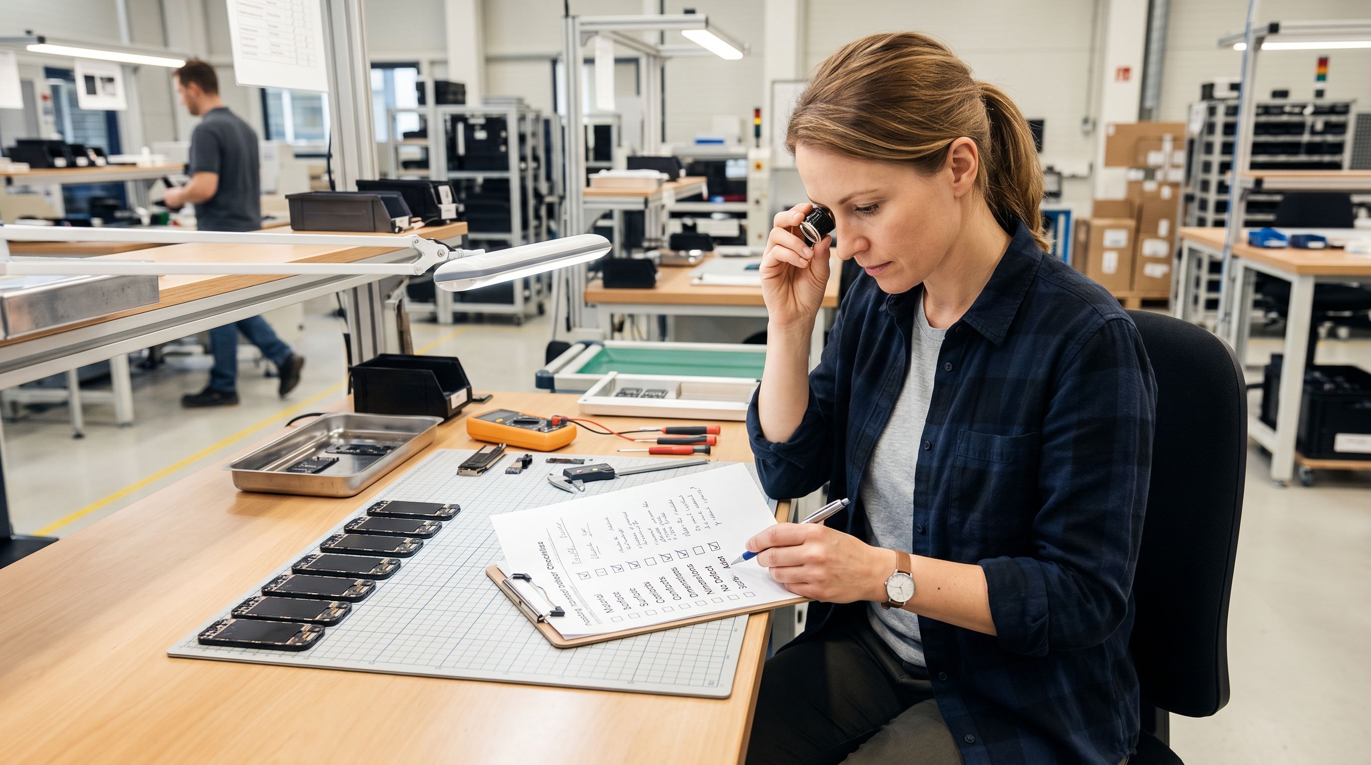 A quality control inspector examining a product against a printed checklist at a bright inspection workstation.