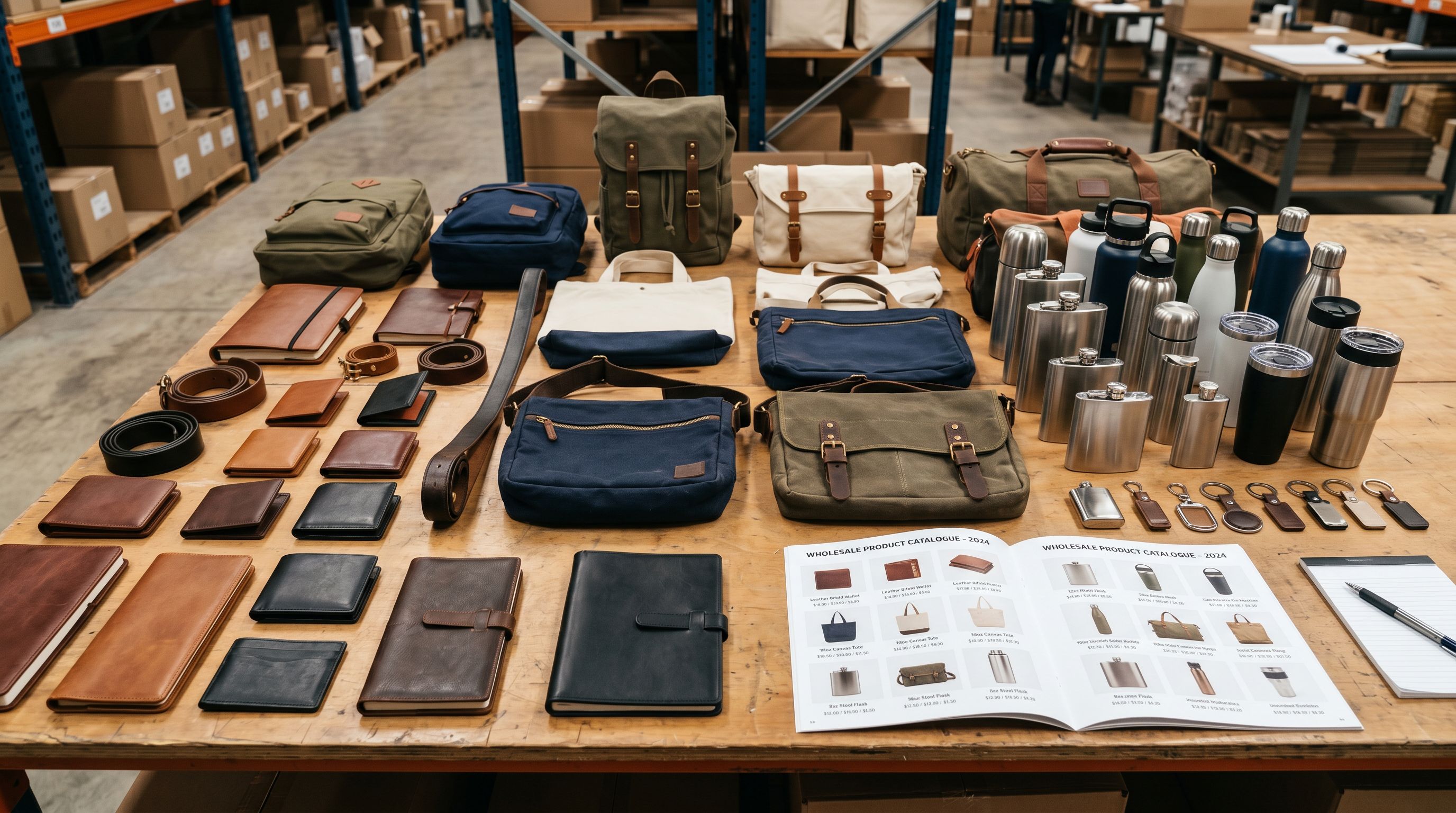 Unbranded wholesale product samples in varied materials arranged on a warehouse display table with a printed price catalogue.