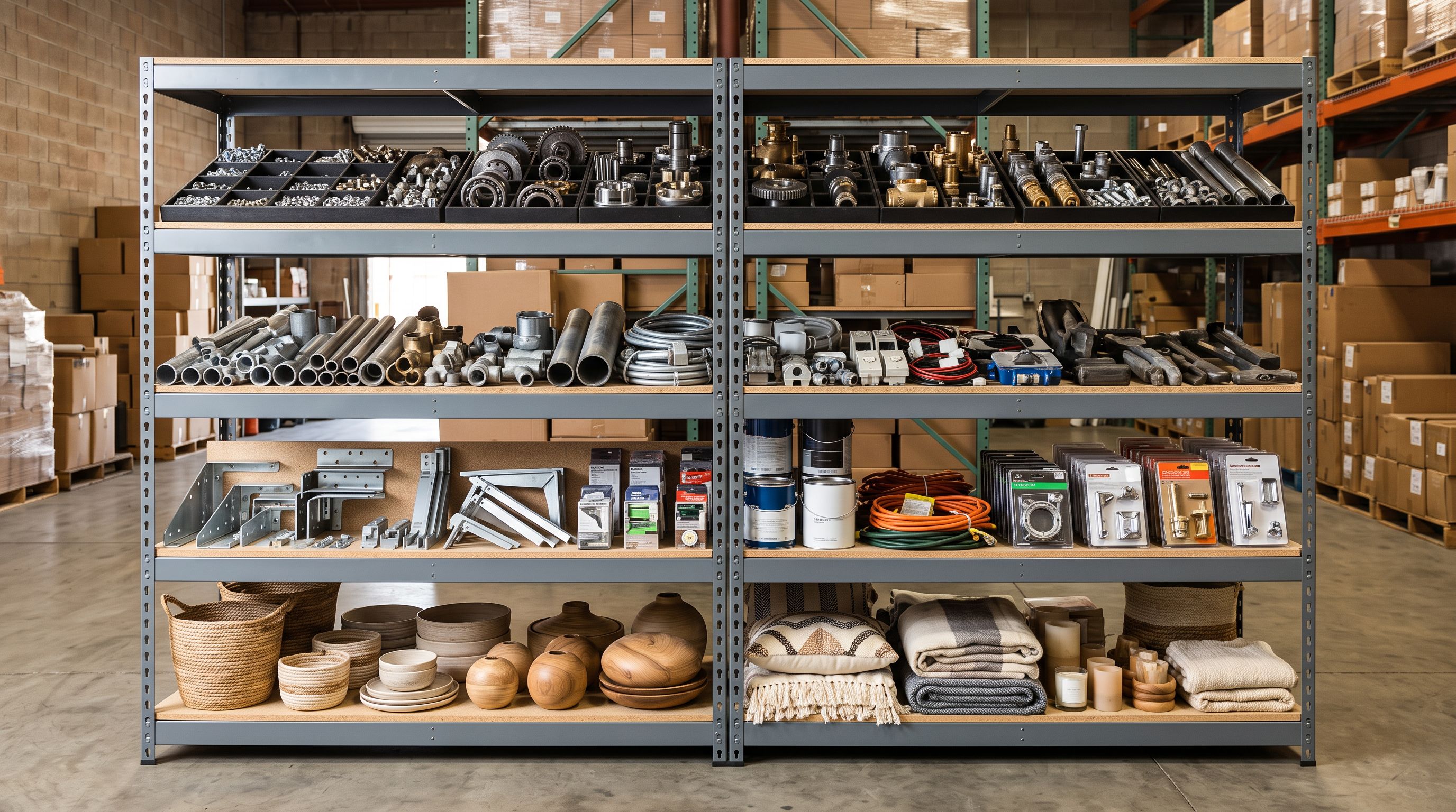 Tiered warehouse display rack with four shelves each holding a different product type from complex industrial components at top to lifestyle accessories at bottom