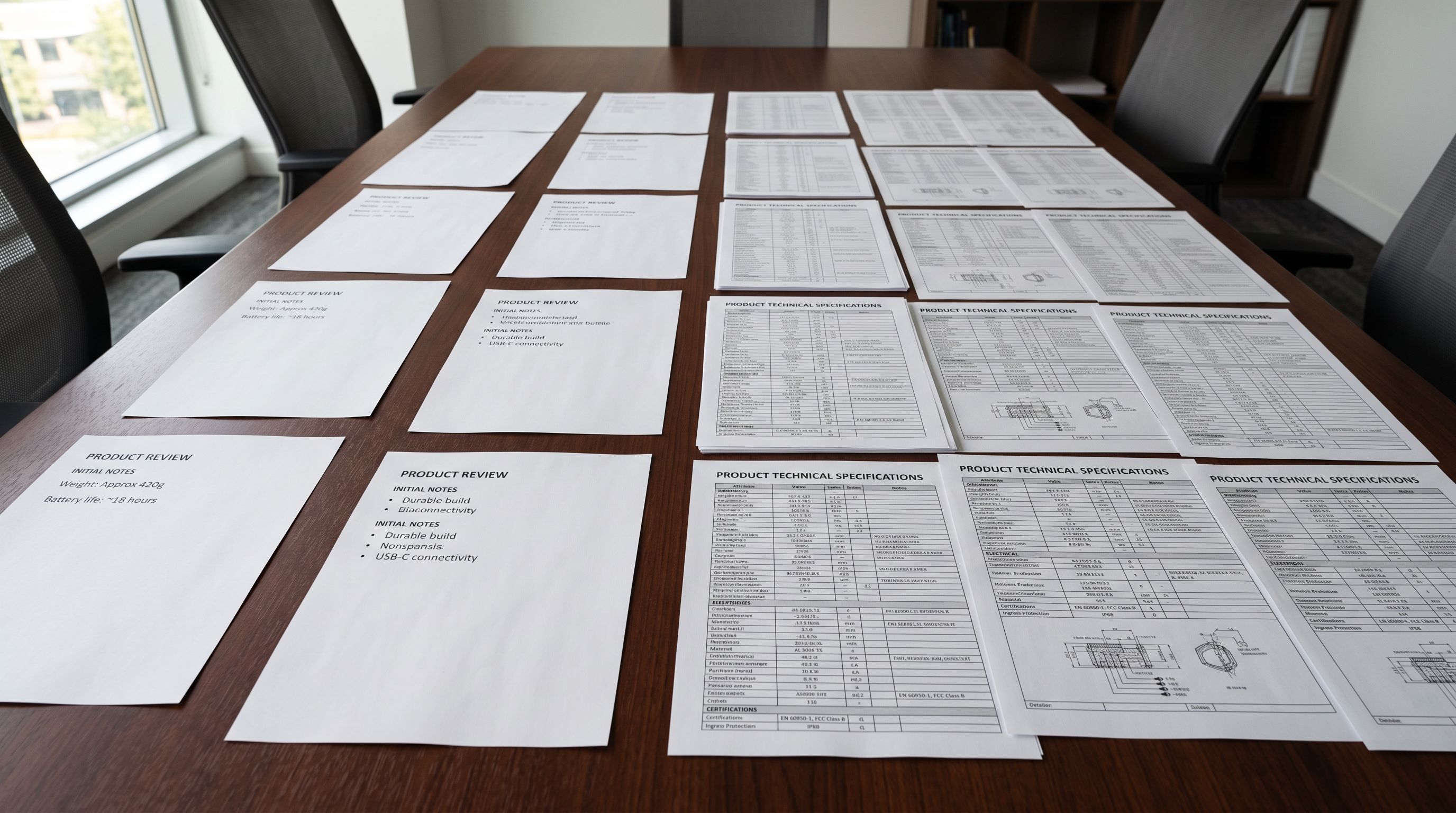 Multiple product specification sheets spread across a conference table showing contrast between sparse two-line notes and dense multi-column attribute grids
