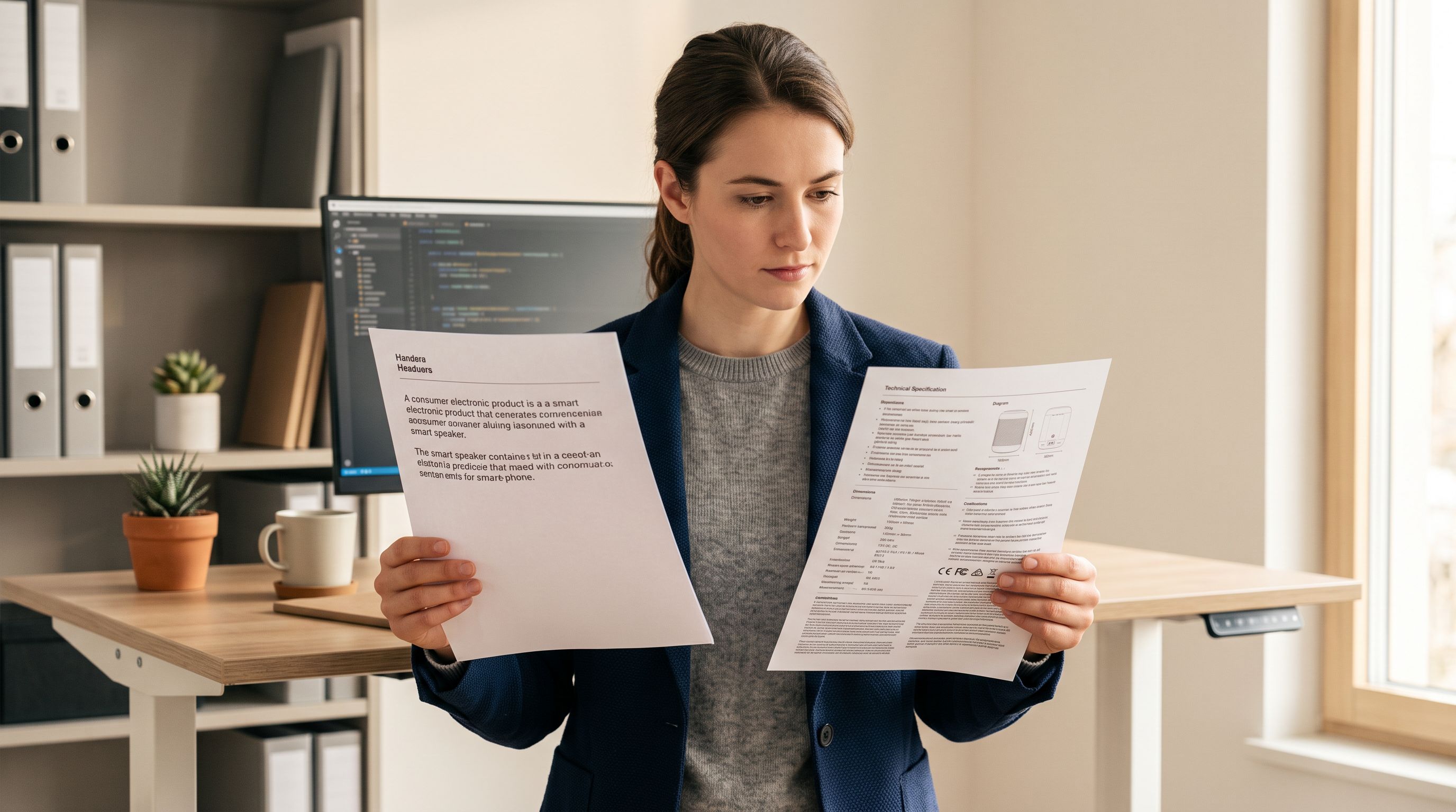 Two printed product description documents held side by side showing a short three-sentence summary against a full-page dense technical specification