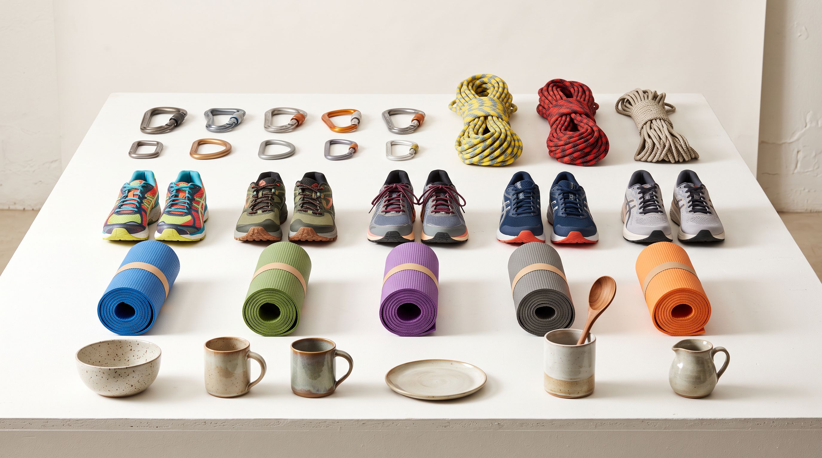 Four rows of product samples on a white sorting table; climbing hardware, running shoes, yoga mats, and kitchenware each representing a distinct product category requiring different AI model tiers