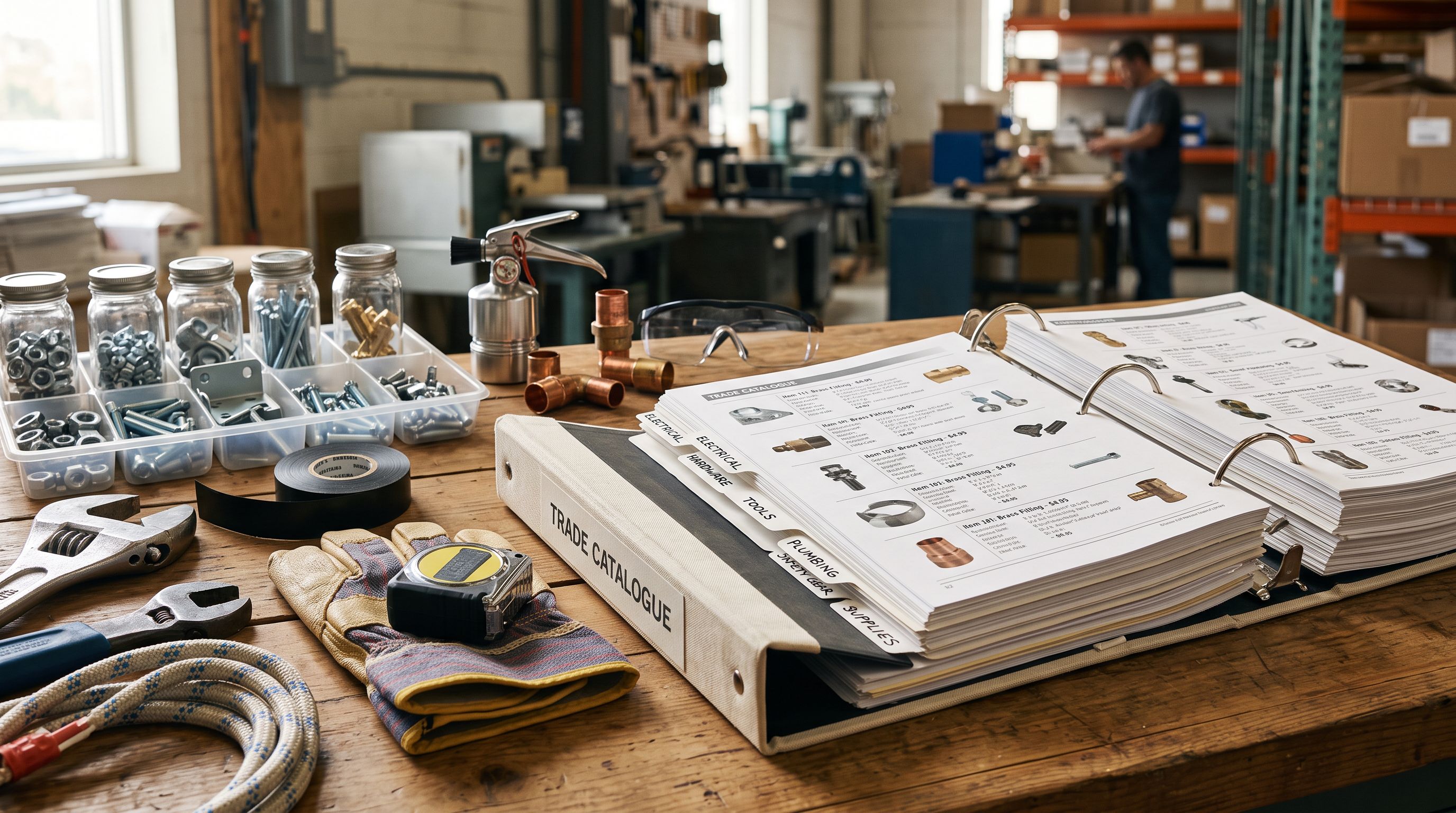 Trade catalogue binder open with tabbed category dividers beside product samples on a warehouse desk