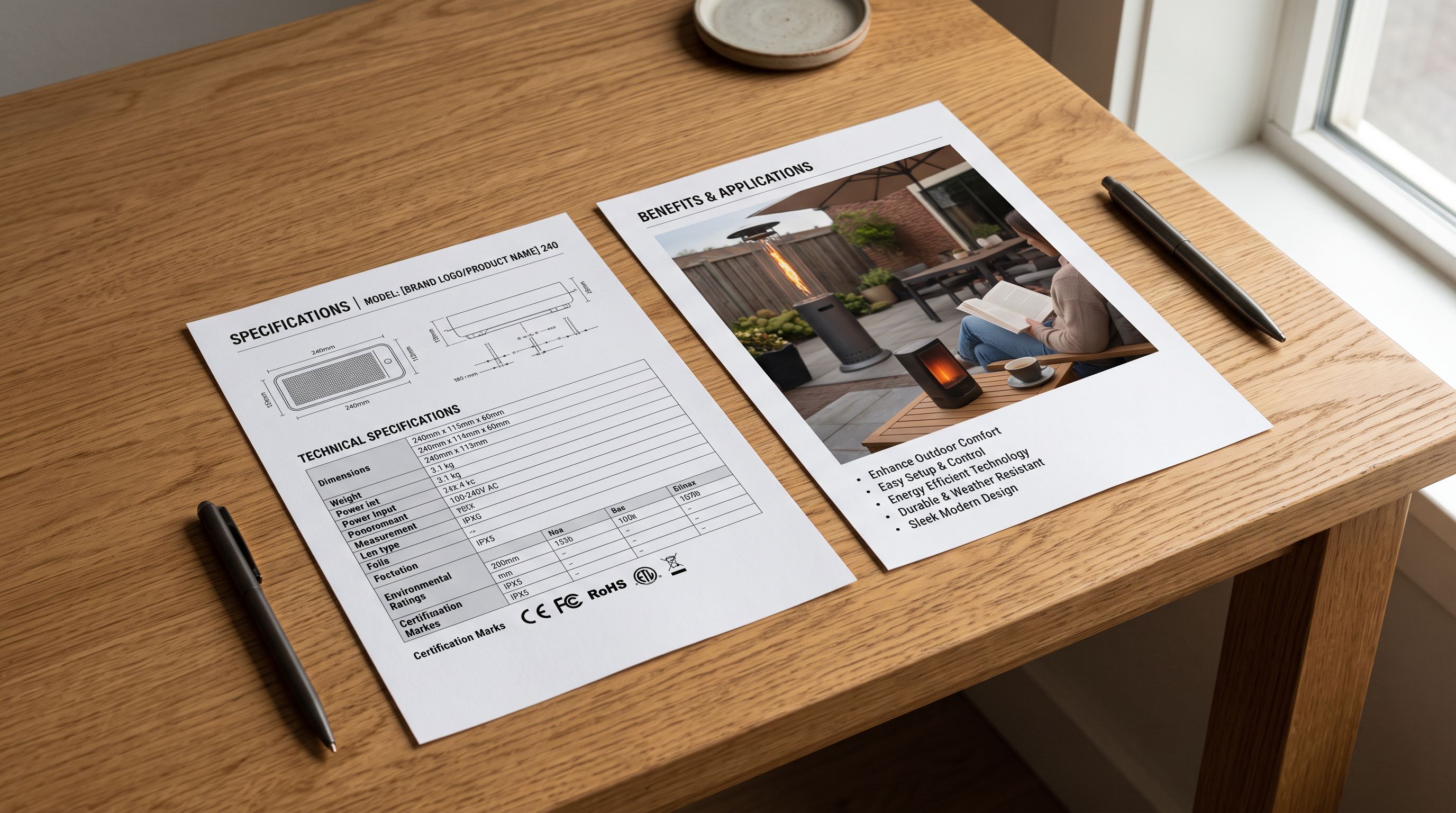 Two product specification sheets side by side on a wooden desk showing technical measurements and benefit bullet points