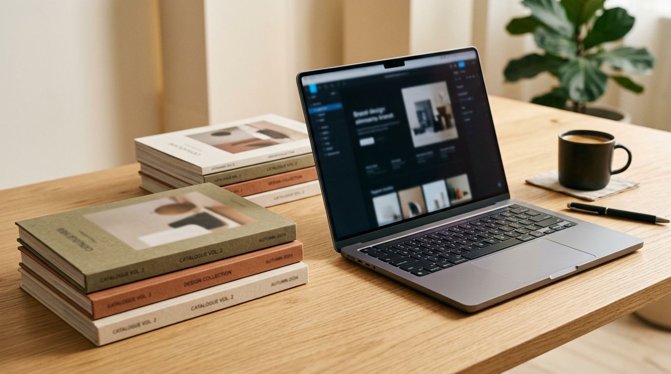 A laptop on a clean desk beside stacks of printed product catalogues, warm studio lighting from the side, screen text blurred.