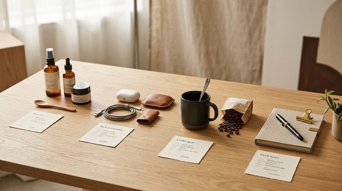 Various product types arranged on a clean surface in distinct groups, each with a small specification card beside it, overhead warm studio lighting.
