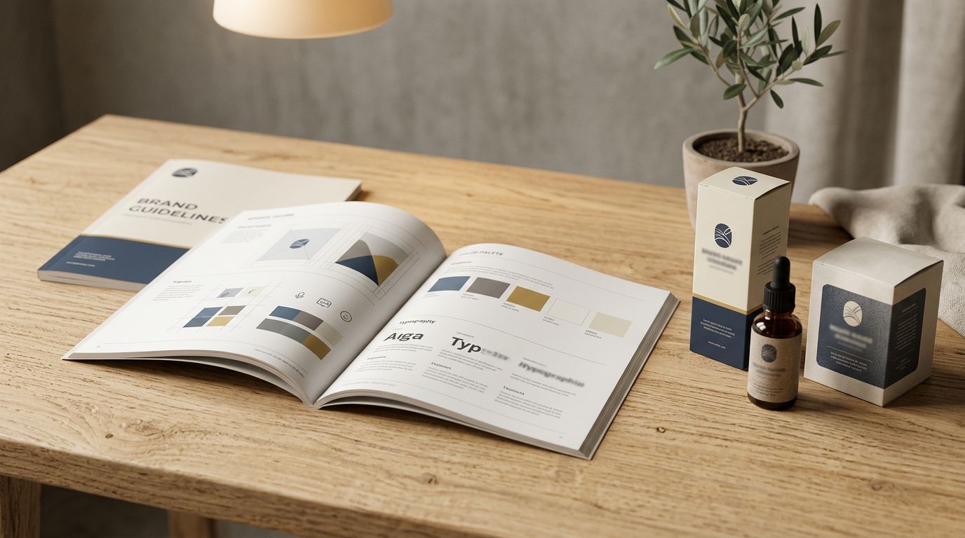 A printed brand style guide open on a desk beside product packaging samples, warm overhead lighting, text blurred or out of focus.
