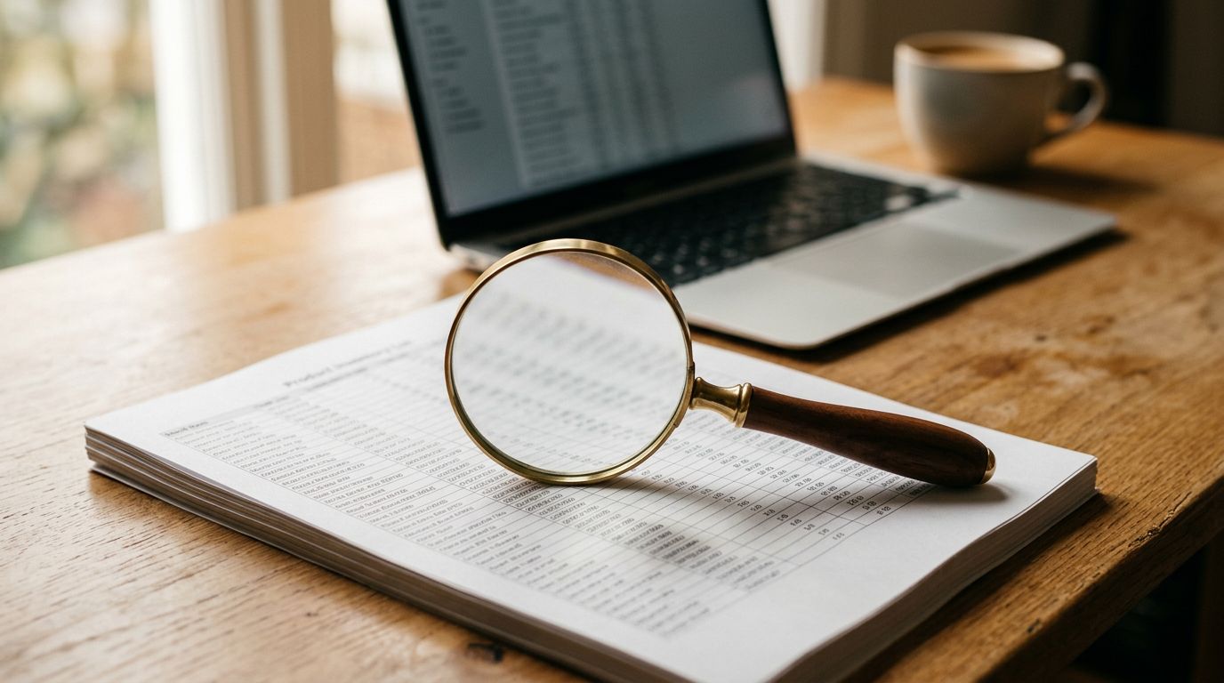 A magnifying glass resting on a printed product inventory list on a desk, with a laptop open in the soft background, warm natural light.