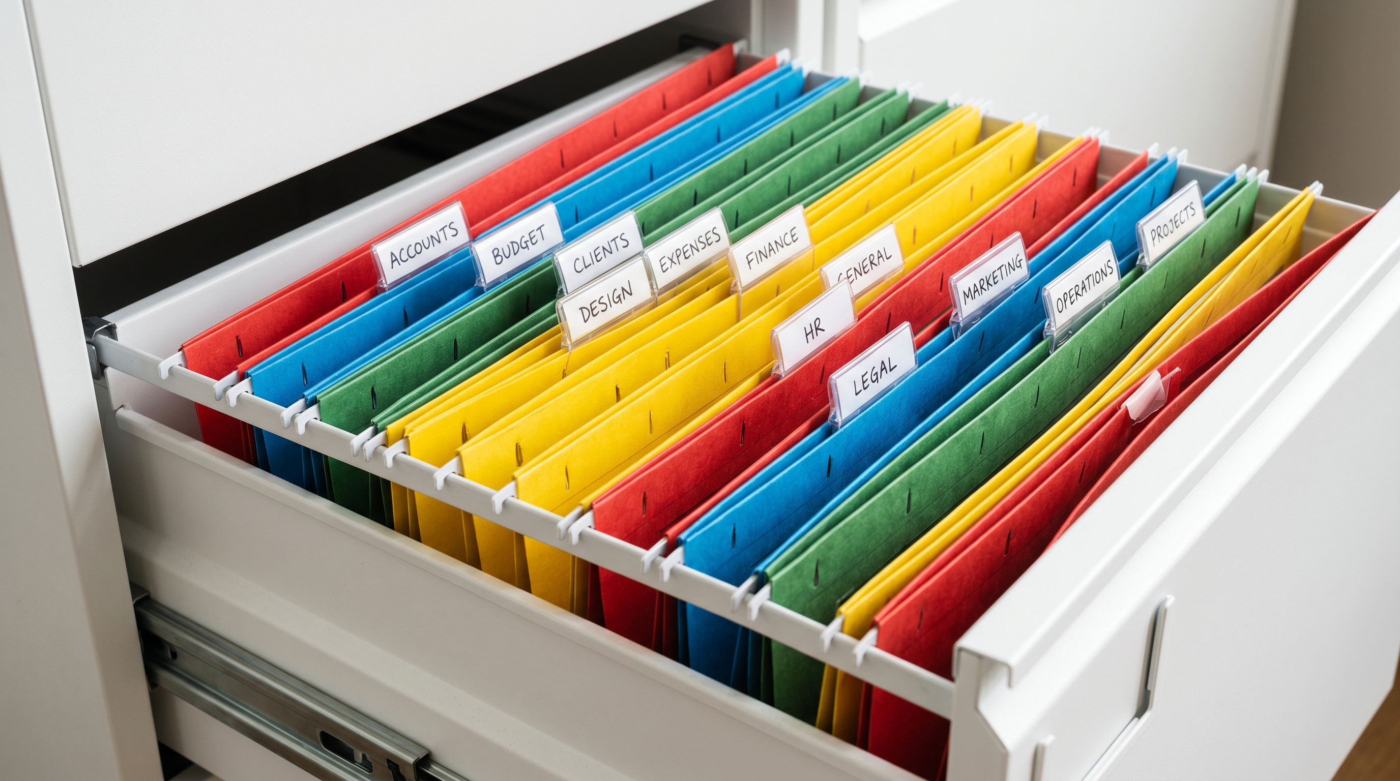 Colour-coded filing dividers organised by category in an open filing drawer.