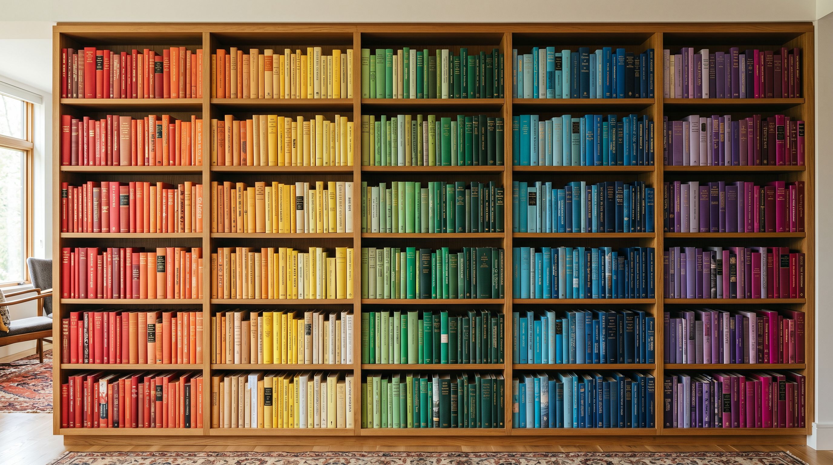 Library books arranged in a rainbow colour spectrum on a wooden bookshelf.