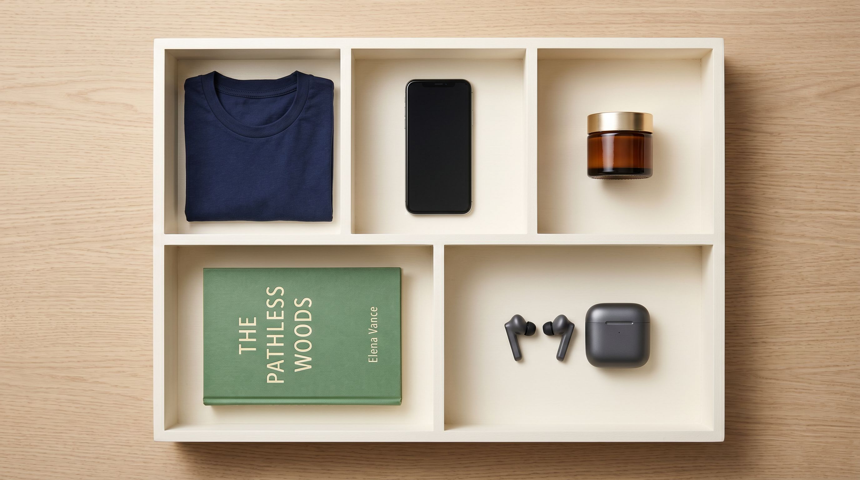 Overhead flat-lay of diverse consumer products arranged in individual white compartments on a light tray.
