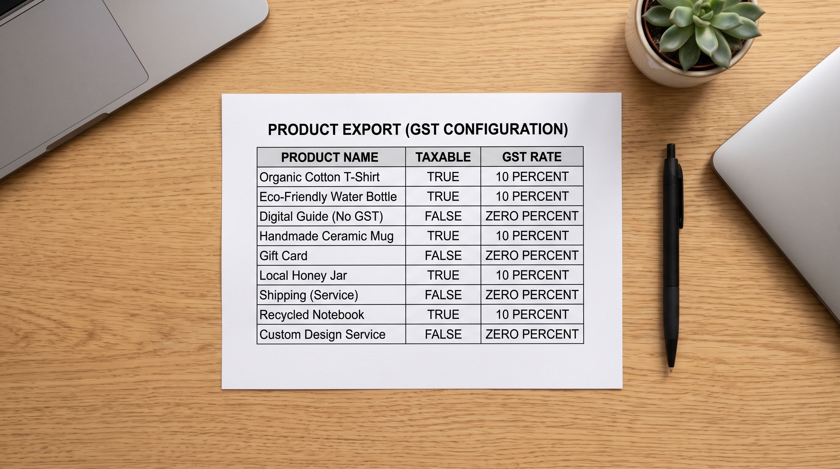 Printed product spreadsheet showing a taxable column with TRUE and FALSE values and corresponding GST rates per product row.
