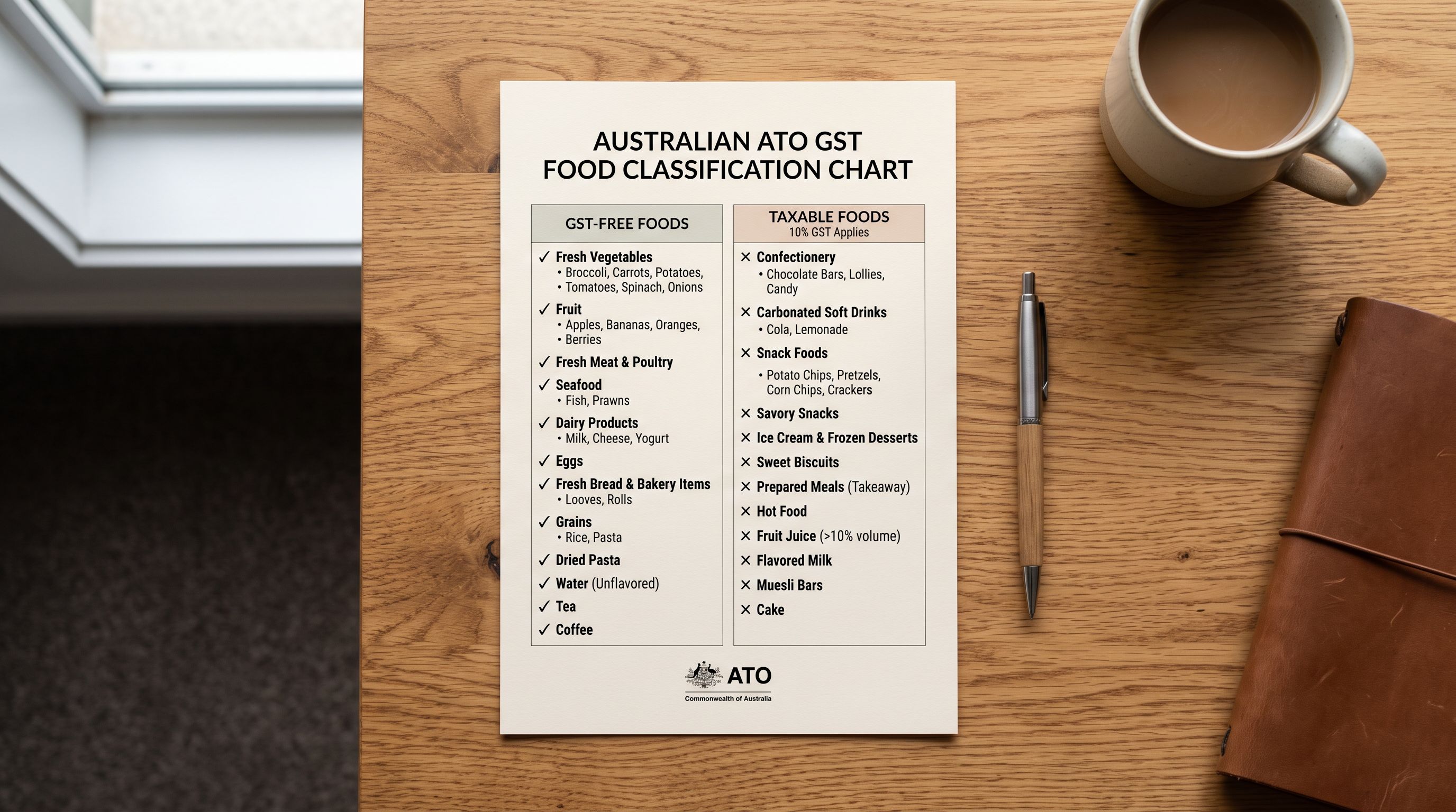 Printed product category chart showing two columns of food items labelled GST-free and taxable for Australian ATO classification.