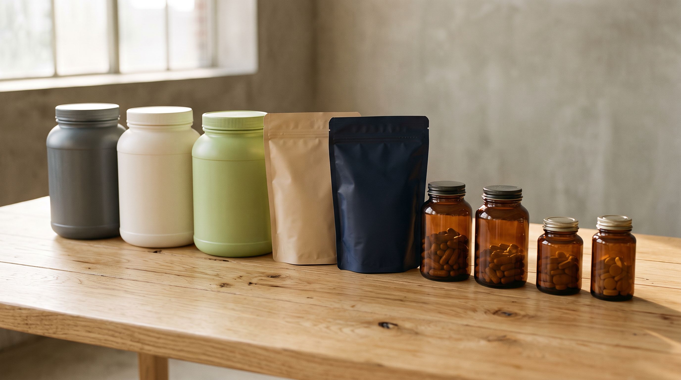 Printed health supplement product range including protein powder containers and vitamin bottles representing variable GST status by product type.