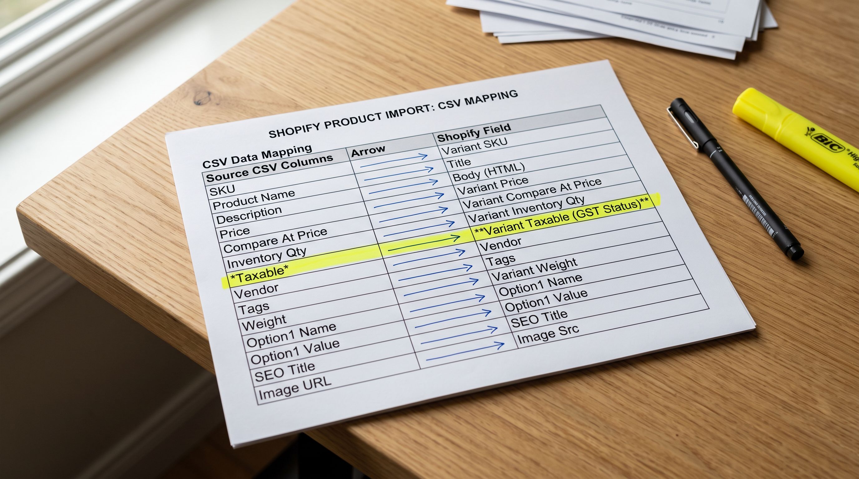 Printed CSV import mapping worksheet showing a Taxable column connected by an arrow to the Shopify taxable field.