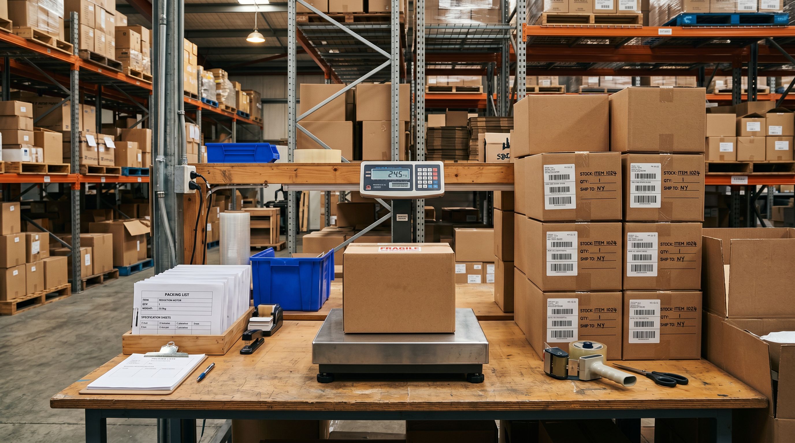 Industrial packing station with a shipping scale, product boxes, and printed specification sheets arranged on a warehouse benchtop.