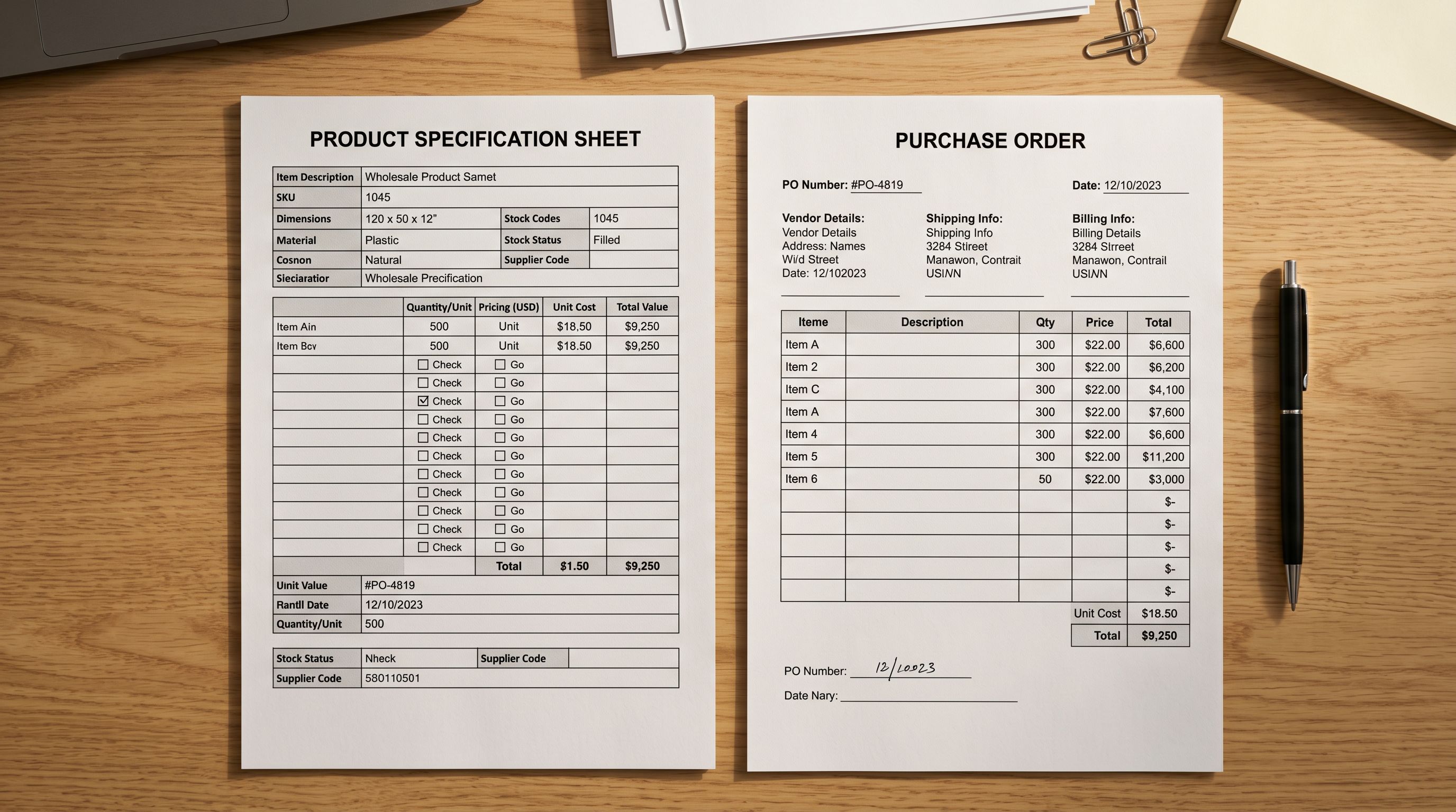 Printed wholesale product specification sheet beside a purchase order form on a clean commercial desk, both showing structured data rows.